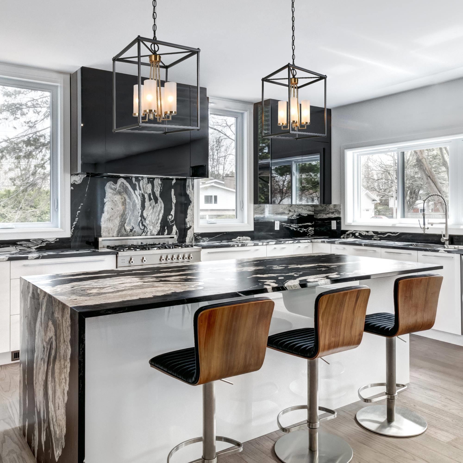 Modern Lantern Chandelier Light, 4-Light Matte Black and Electroplate Brass Cage Chandelier Light with Frosted Glass Shade