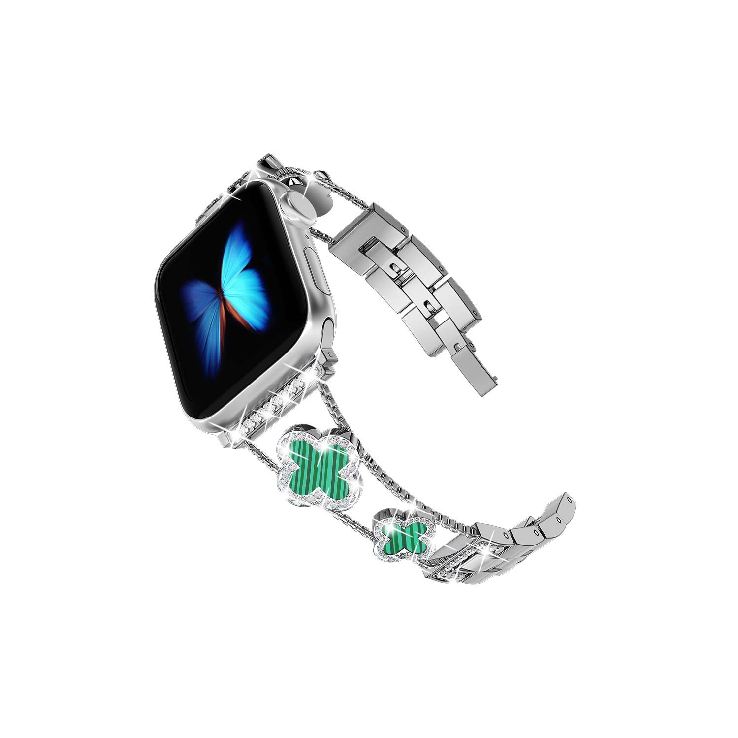 WFG Metal Bling Band for Apple Watch 38/40/41mm - Green Flower/Silver