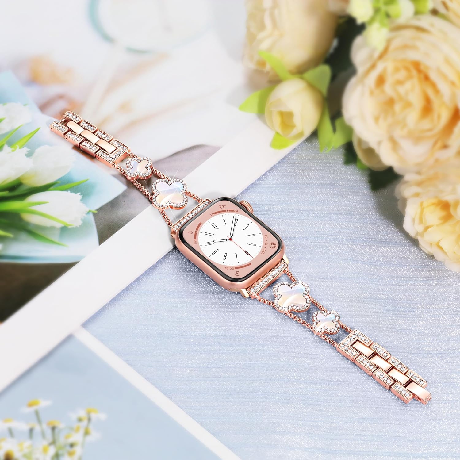 WFG Metal Bling Band for Apple Watch 38/40/41mm, - Red Flower/Rose Gold