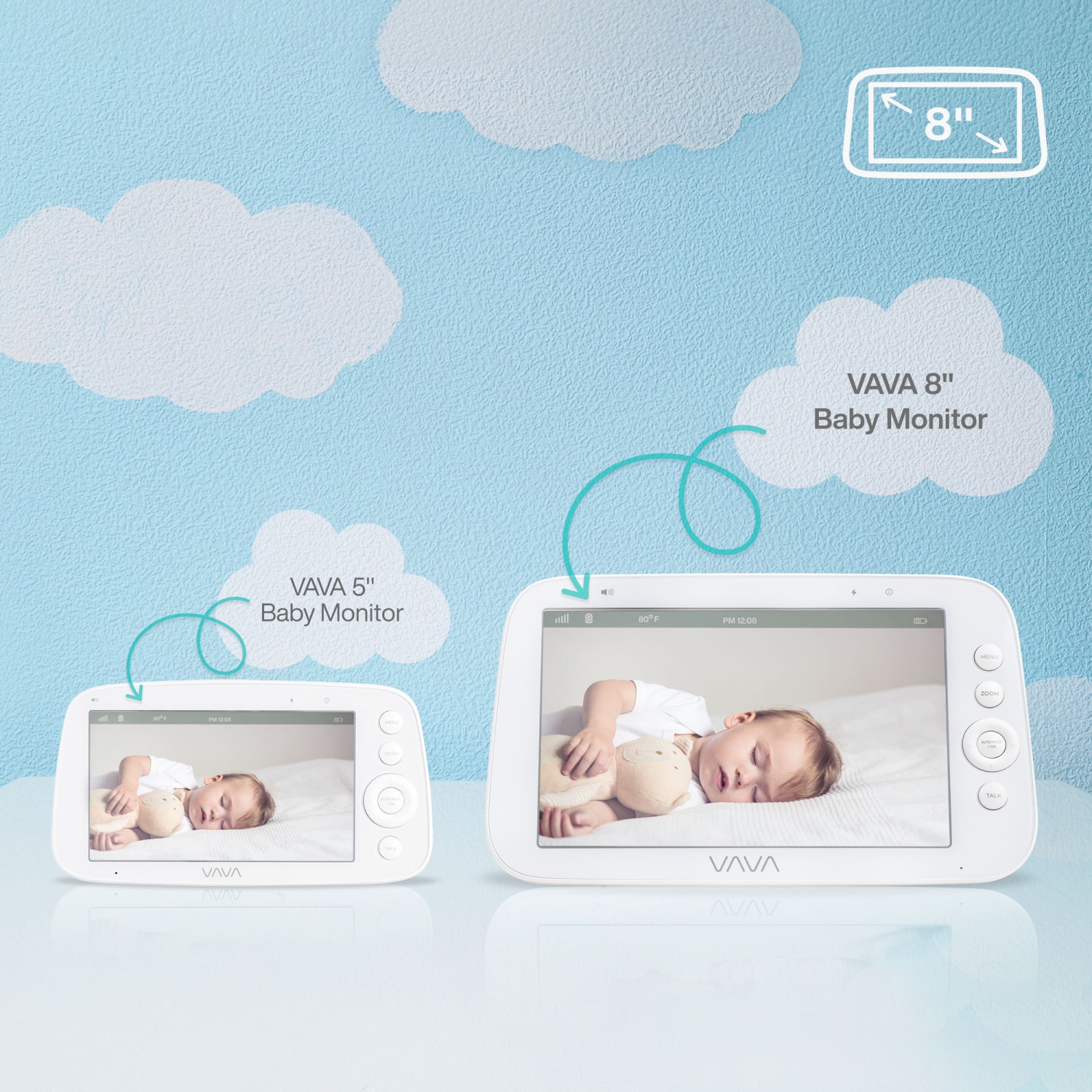 VAVA 8" 1080P HD Video Baby Monitor Split View, Night Vision, Zoom/Pan/Tilt & 2-Way Audio