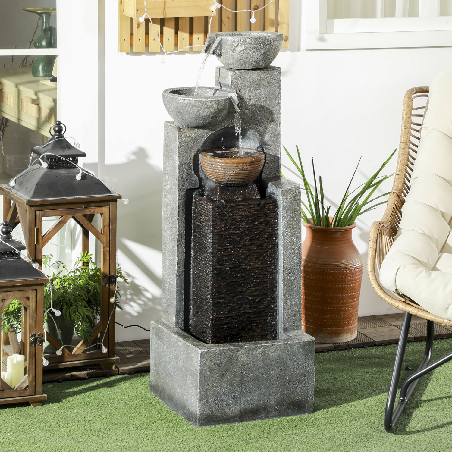 Fontaine d'eau Outsunny en cascade, fontaine à 5 niveaux avec lumières à DEL, débit réglable, fontaine extérieure en résine de 43,3 po pour jardin