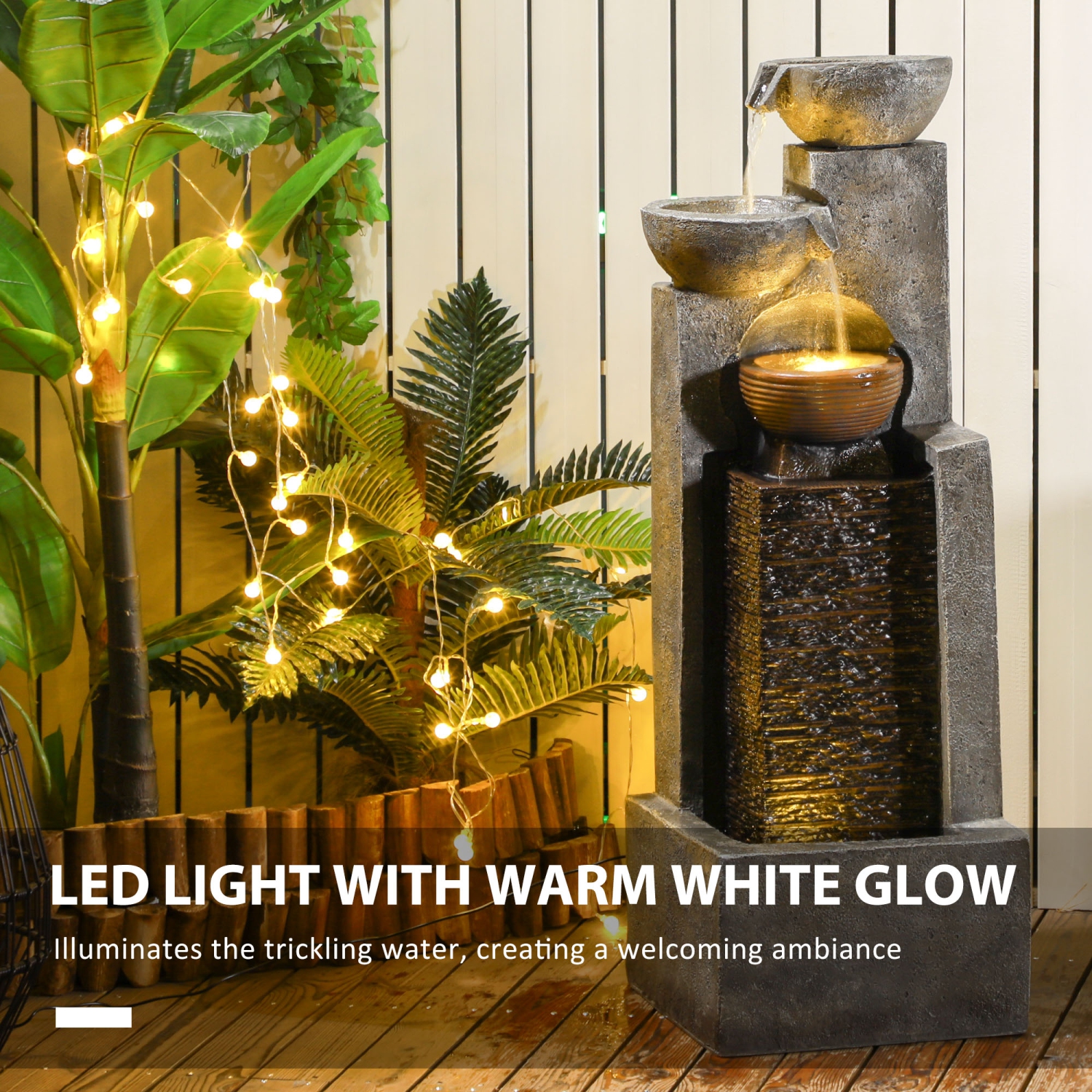 Fontaine d'eau Outsunny en cascade, fontaine à 5 niveaux avec lumières à DEL, débit réglable, fontaine extérieure en résine de 43,3 po pour jardin