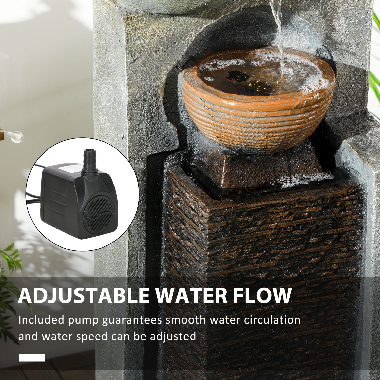 Fontaine d'eau Outsunny en cascade, fontaine à 5 niveaux avec lumières à DEL, débit réglable, fontaine extérieure en résine de 43,3 po pour jardin