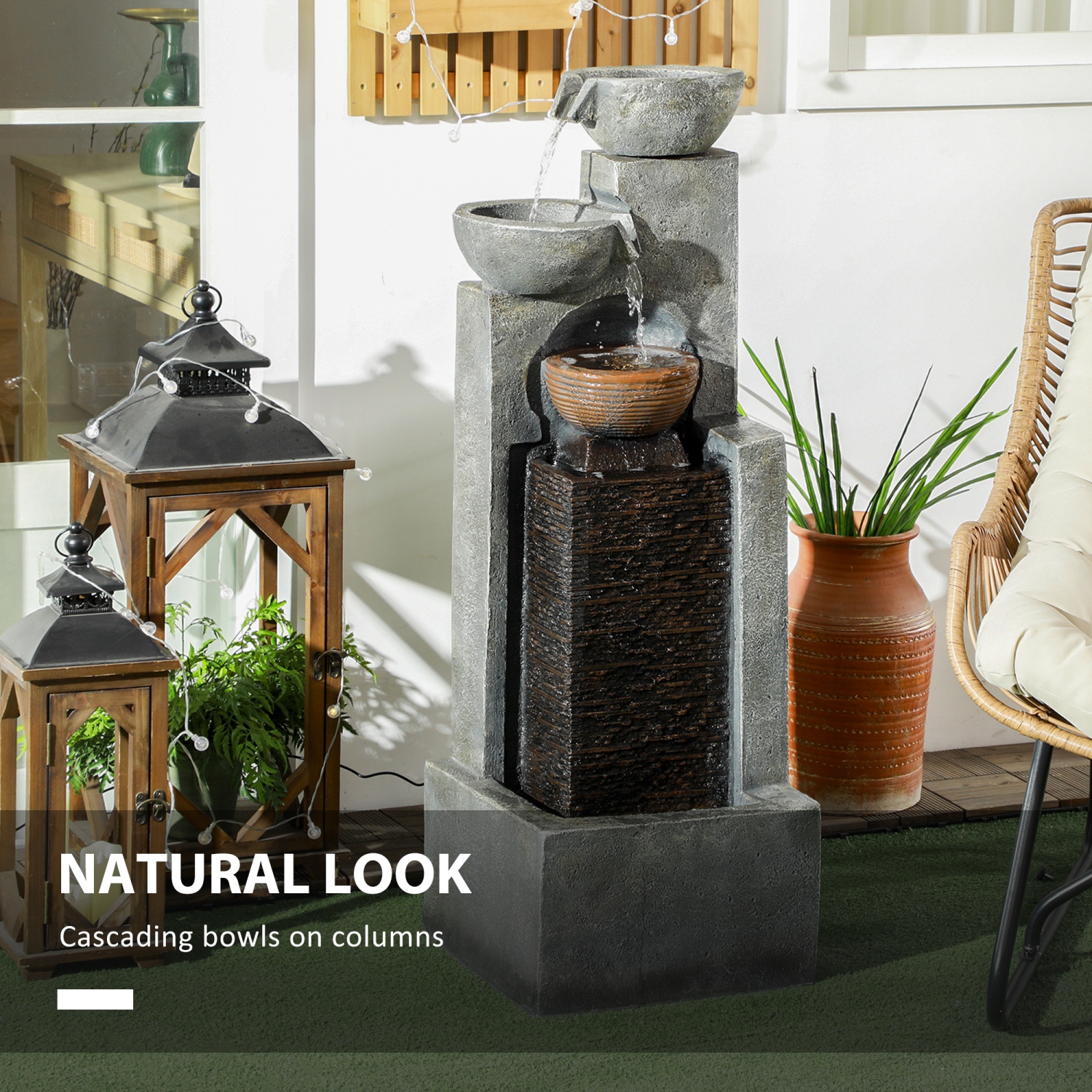 Fontaine d'eau Outsunny en cascade, fontaine à 5 niveaux avec lumières à DEL, débit réglable, fontaine extérieure en résine de 43,3 po pour jardin