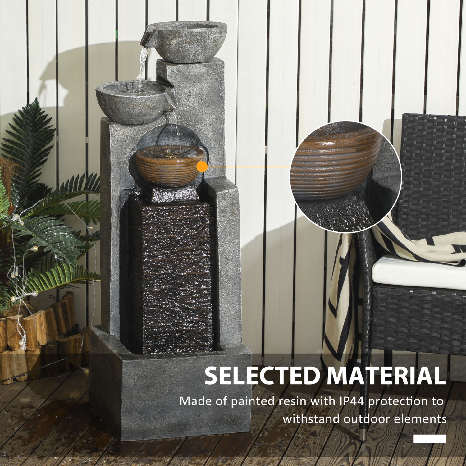 Fontaine d'eau Outsunny en cascade, fontaine à 5 niveaux avec lumières à DEL, débit réglable, fontaine extérieure en résine de 43,3 po pour jardin