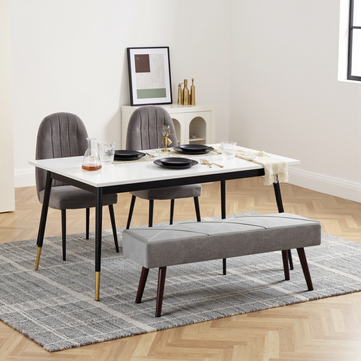 HOMCOM – Banc d’entrée 39 po, revêtement en velours, pattes en acier, banc de chambre à coucher pour le salon, salle à manger, couloir, gris