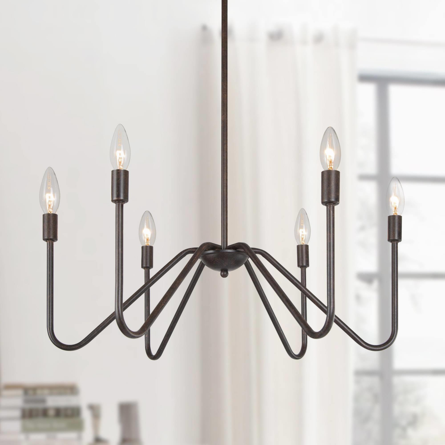Rustic Black Island Chandelier 25 in. 6-Light Classic Candlestick Large Pendant Light