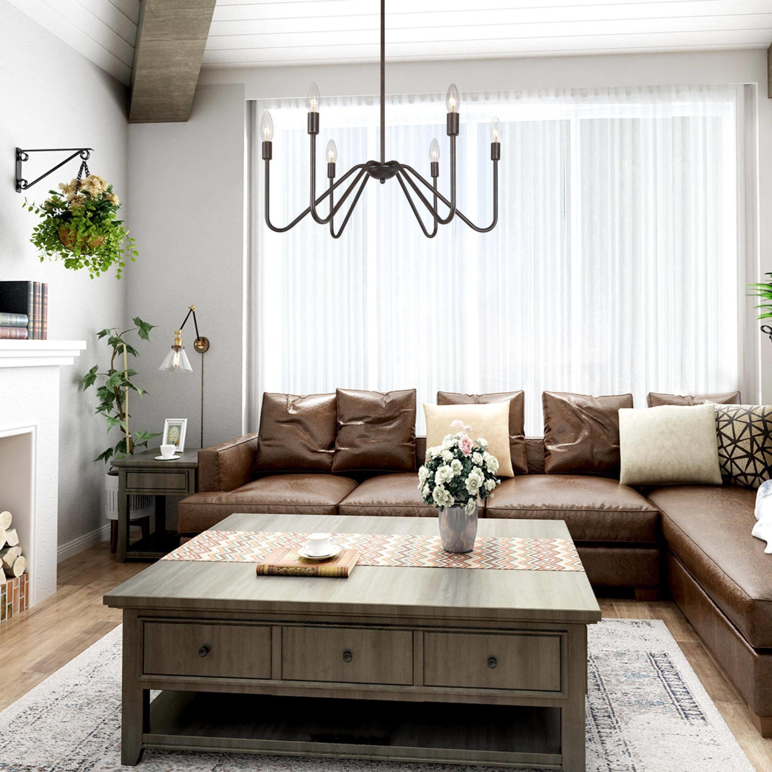 Rustic Black Island Chandelier 25 in. 6-Light Classic Candlestick Large Pendant Light