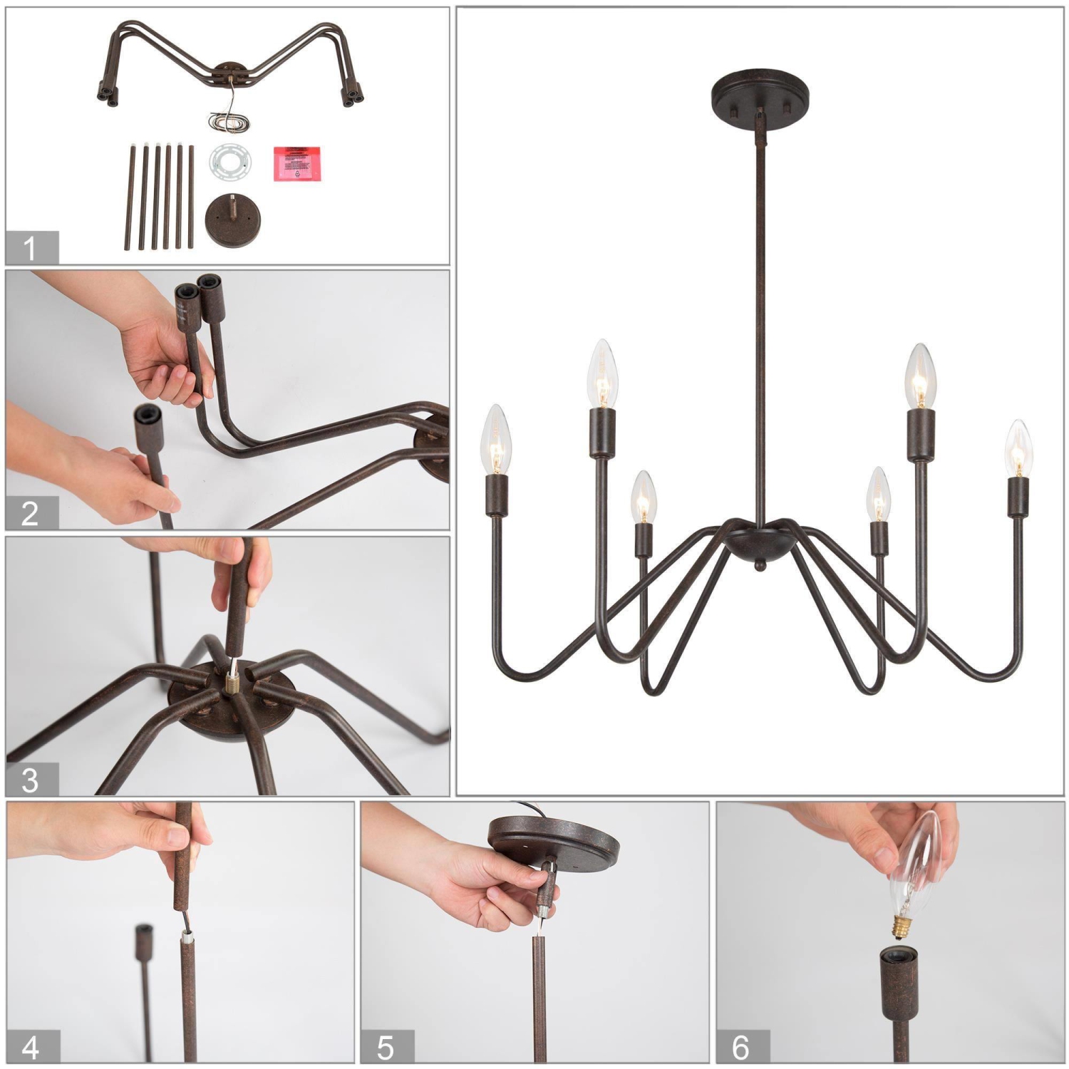 Rustic Black Island Chandelier 25 in. 6-Light Classic Candlestick Large Pendant Light