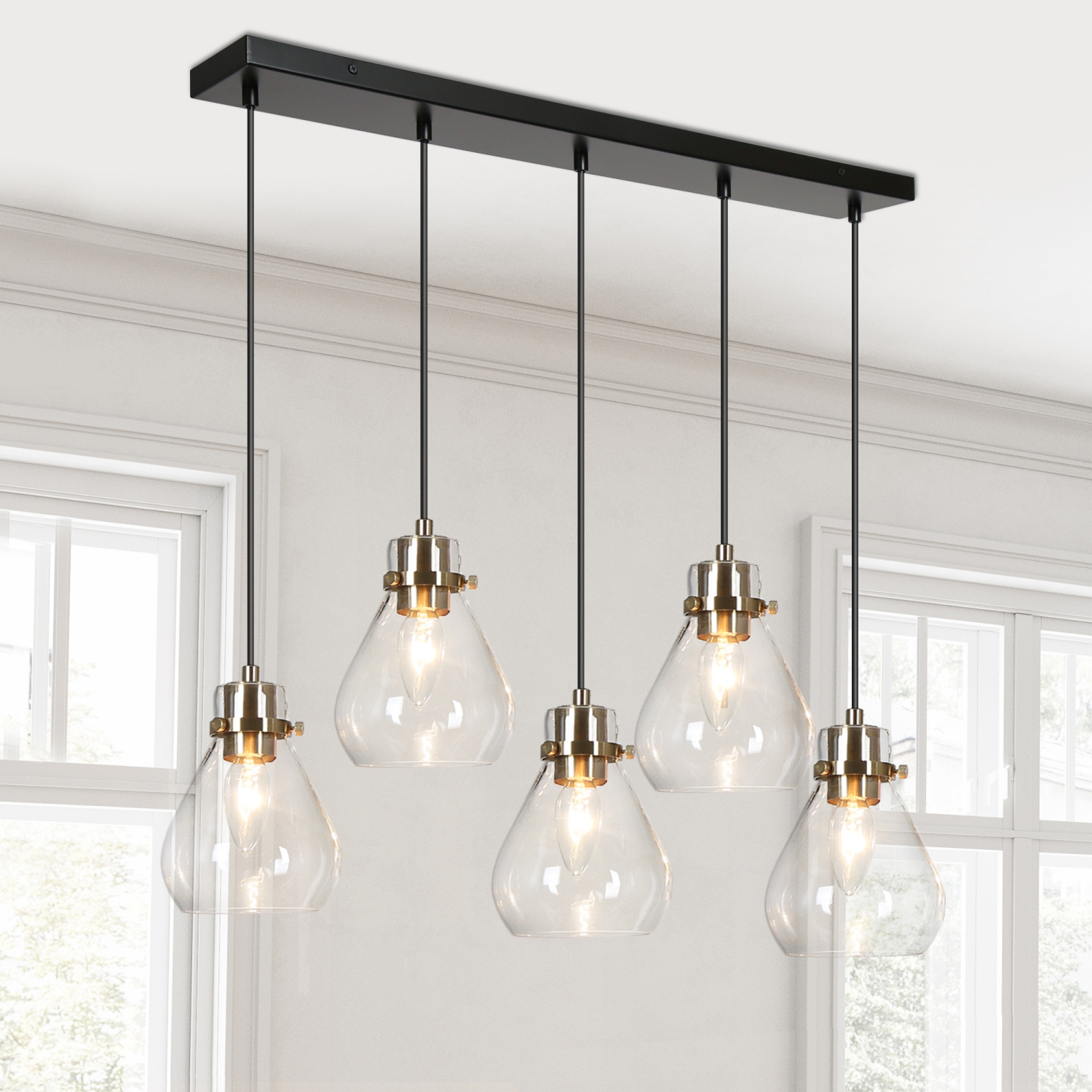 Transitional Linear Black Chandelier, 5-Light 30-in Brass Gold and Black in Bell Modern/Contemporary Clear Glass LED Hanging Kitchen Island Light
