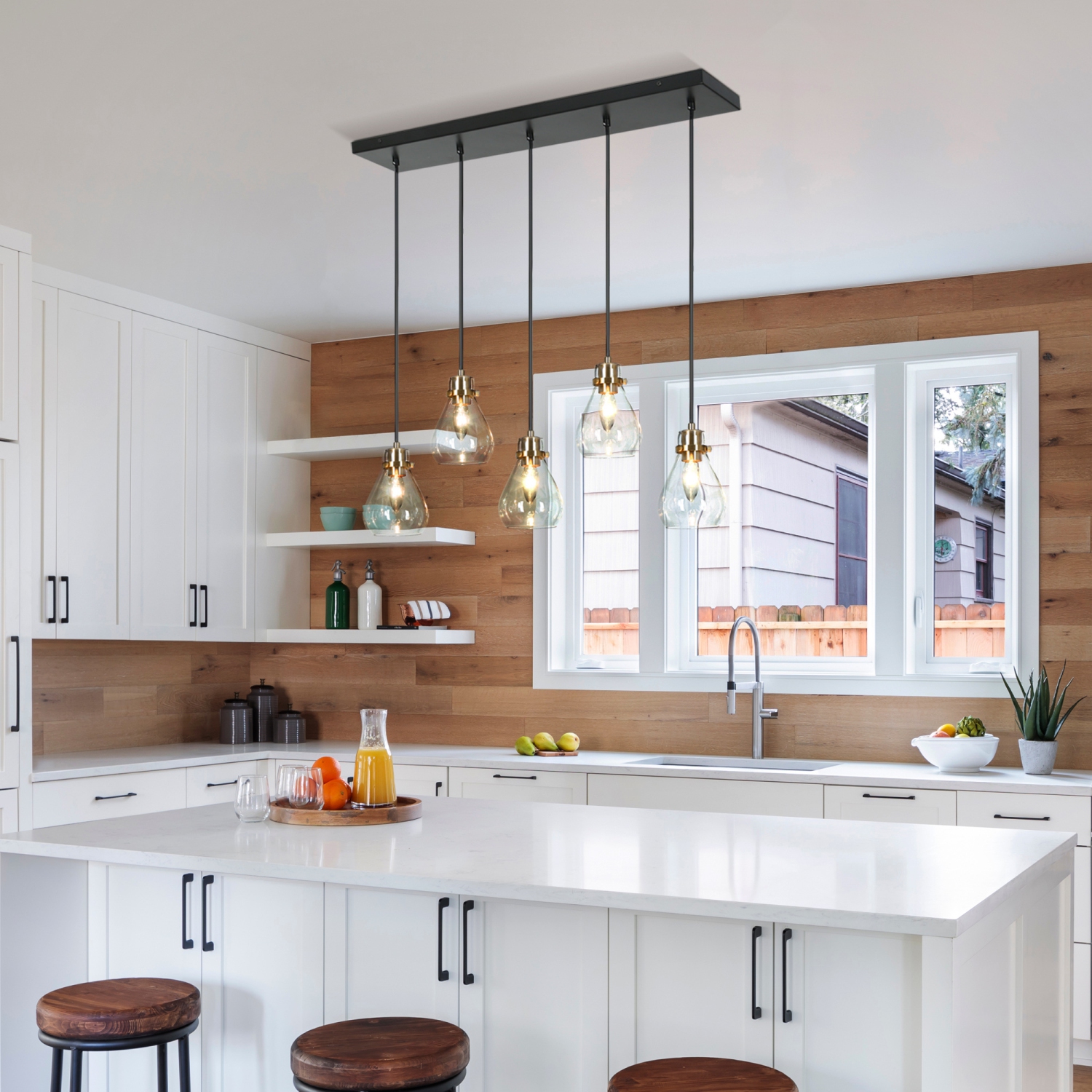 Transitional Linear Black Chandelier, 5-Light 30-in Brass Gold and Black in Bell Modern/Contemporary Clear Glass LED Hanging Kitchen Island Light