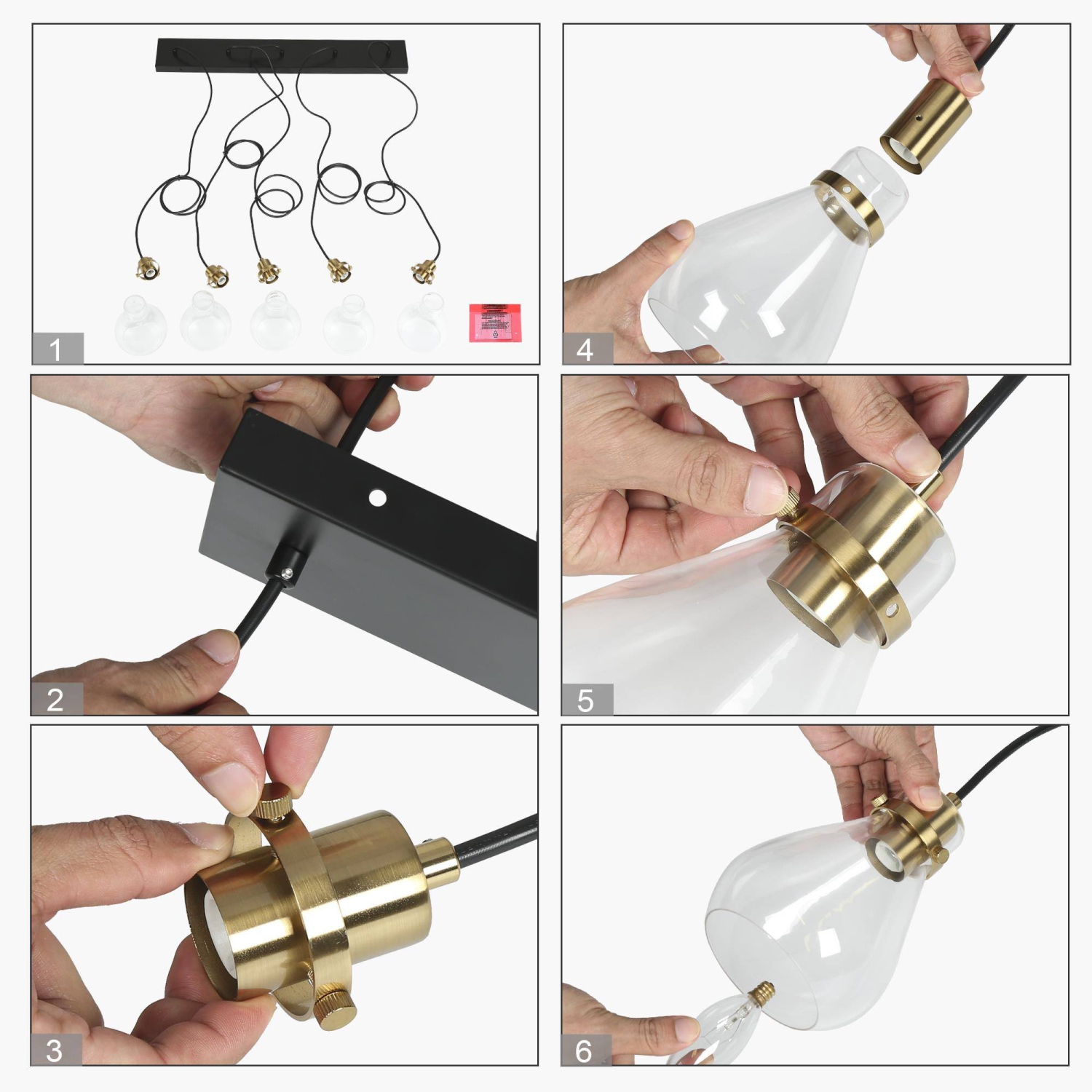 Transitional Linear Black Chandelier, 5-Light 30-in Brass Gold and Black in Bell Modern/Contemporary Clear Glass LED Hanging Kitchen Island Light