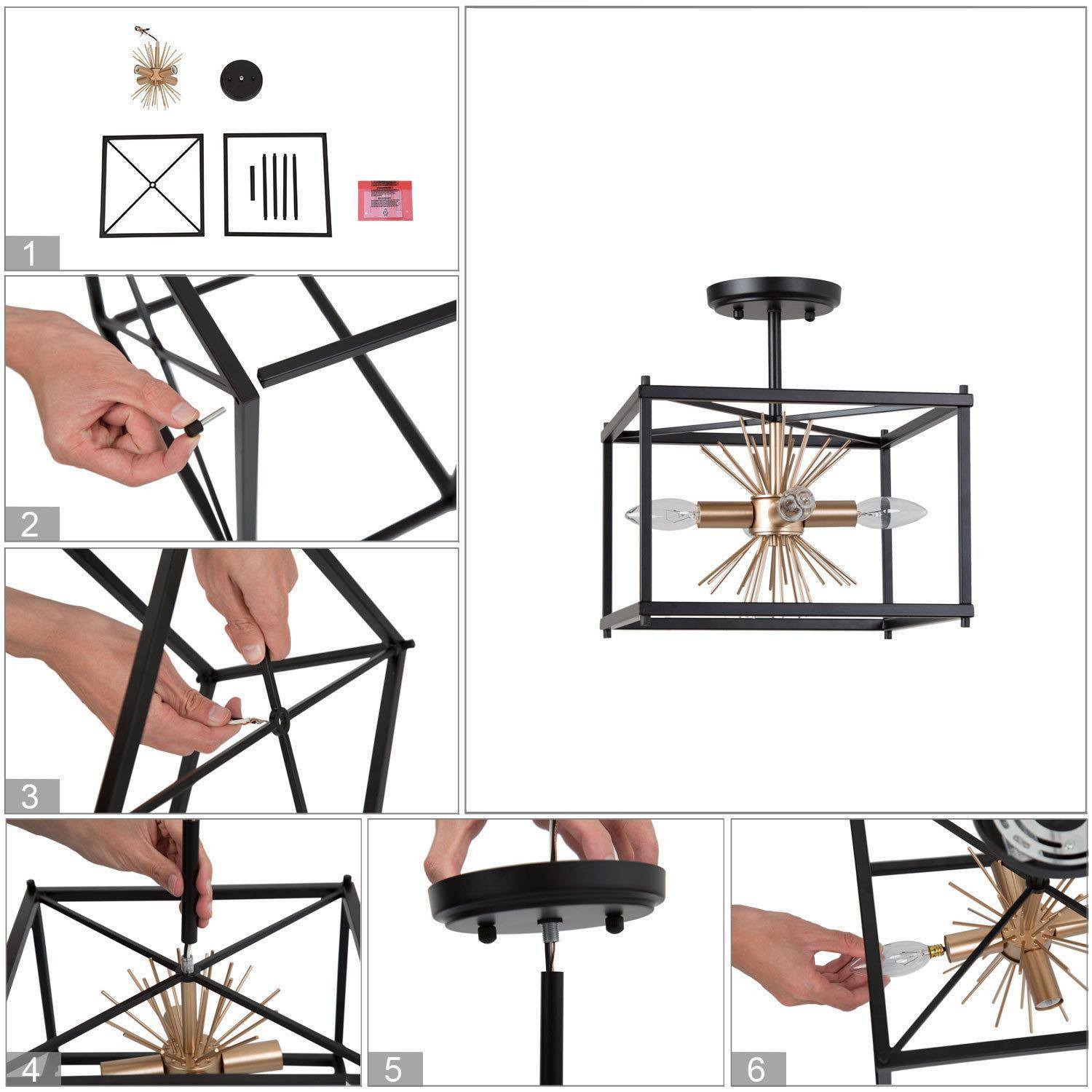 Plafonnier transitionnel semi-encastré moderne, îlot carré noir et or champêtre à 4 lumières et motif Sputnik