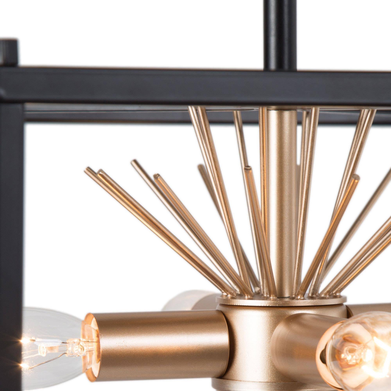 Plafonnier transitionnel semi-encastré moderne, îlot carré noir et or champêtre à 4 lumières et motif Sputnik