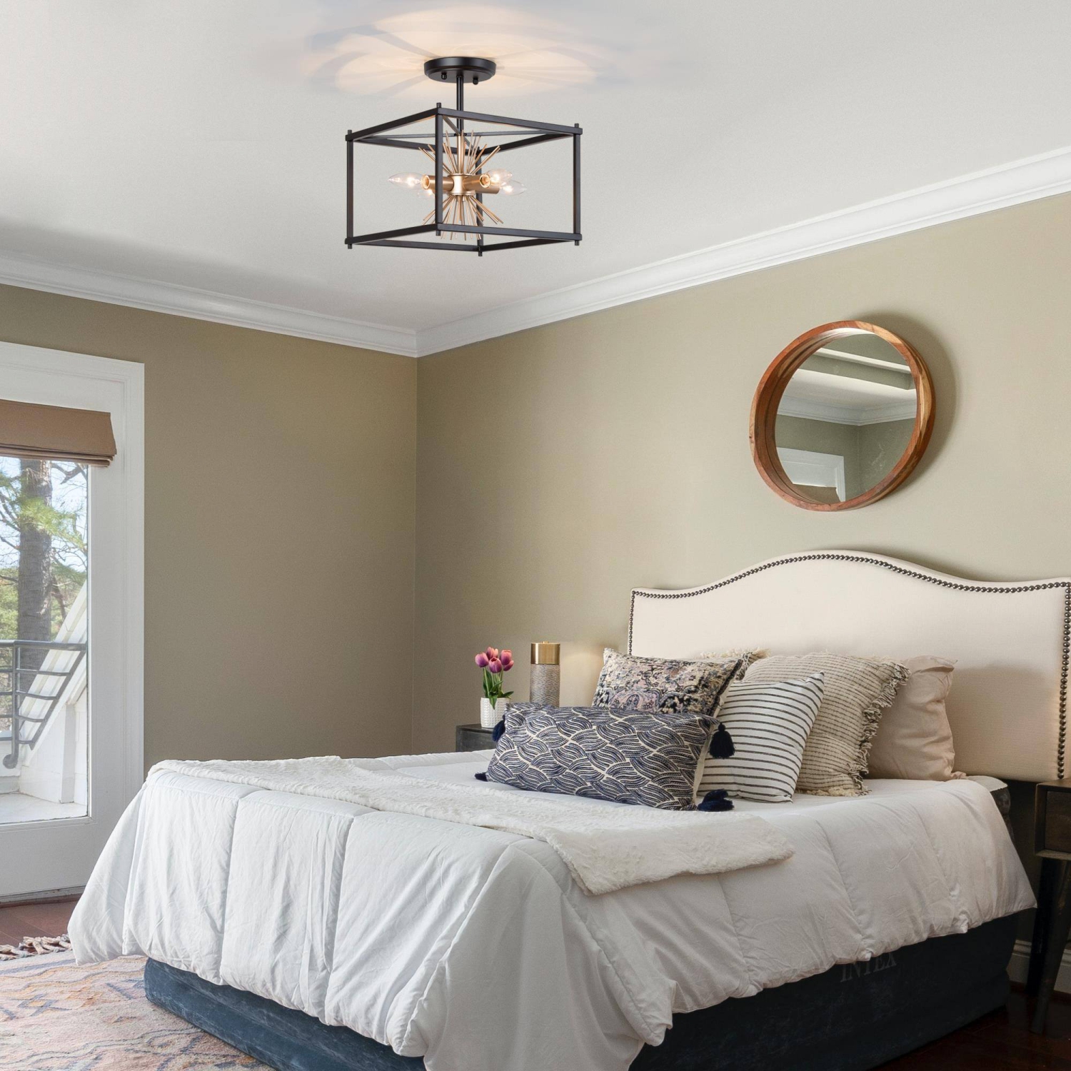 Plafonnier transitionnel semi-encastré moderne, îlot carré noir et or champêtre à 4 lumières et motif Sputnik