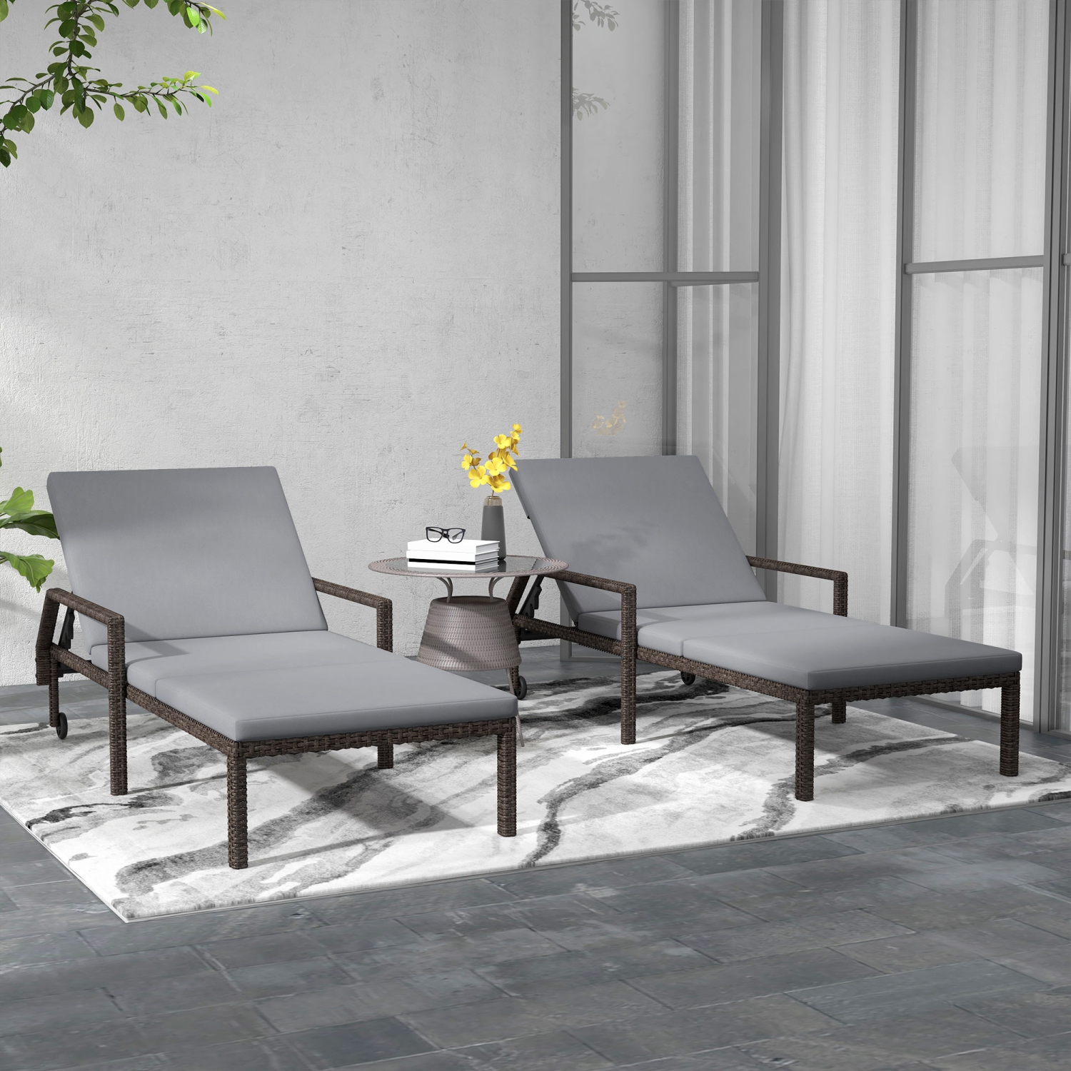 Outsunny – Chaise longue d’extérieur en osier de 2 pièces, chaise longue en rotin, fauteuil de jardin inclinable avec dossier réglable à 5 niveaux et