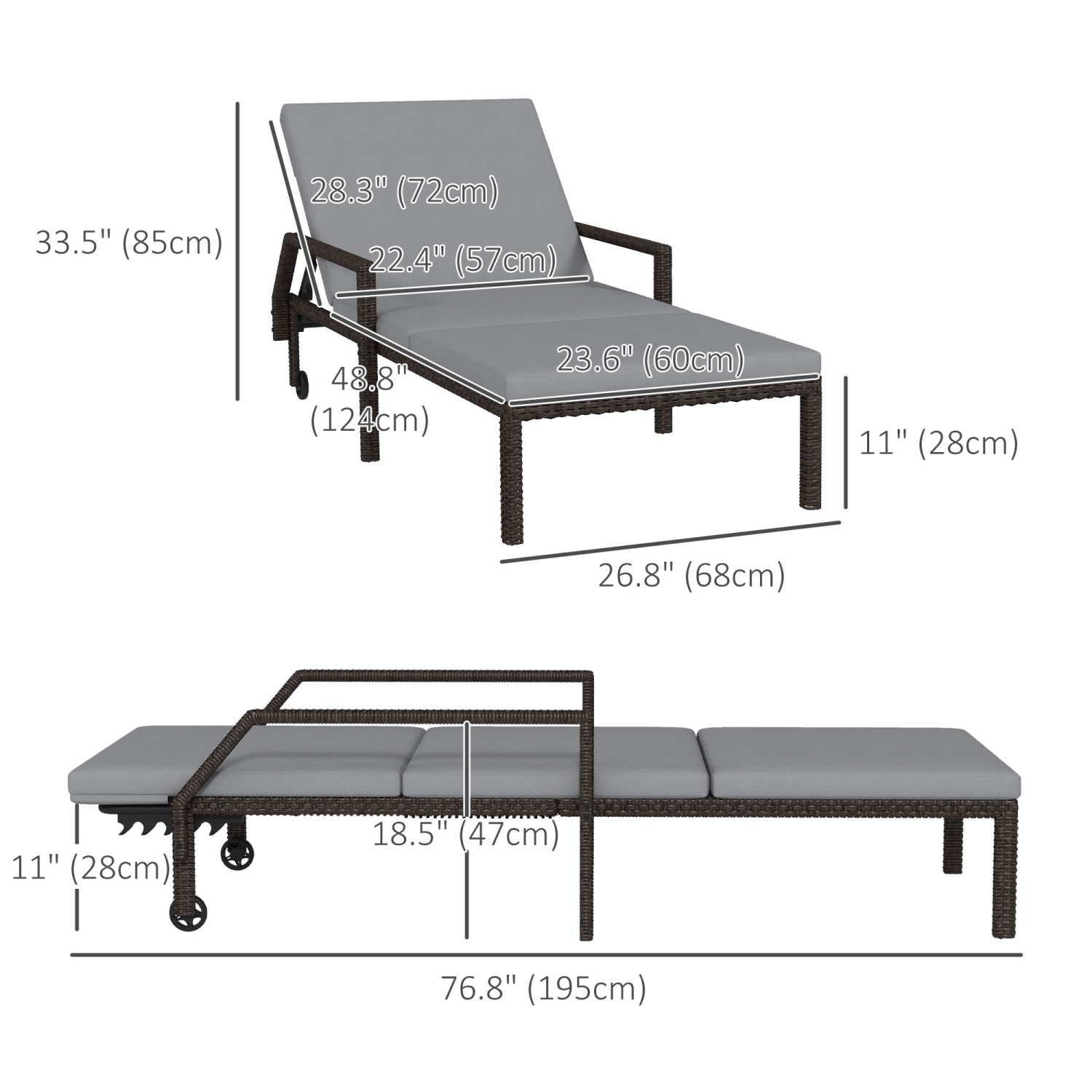 Outsunny – Chaise longue d’extérieur en osier de 2 pièces, chaise longue en rotin, fauteuil de jardin inclinable avec dossier réglable à 5 niveaux et