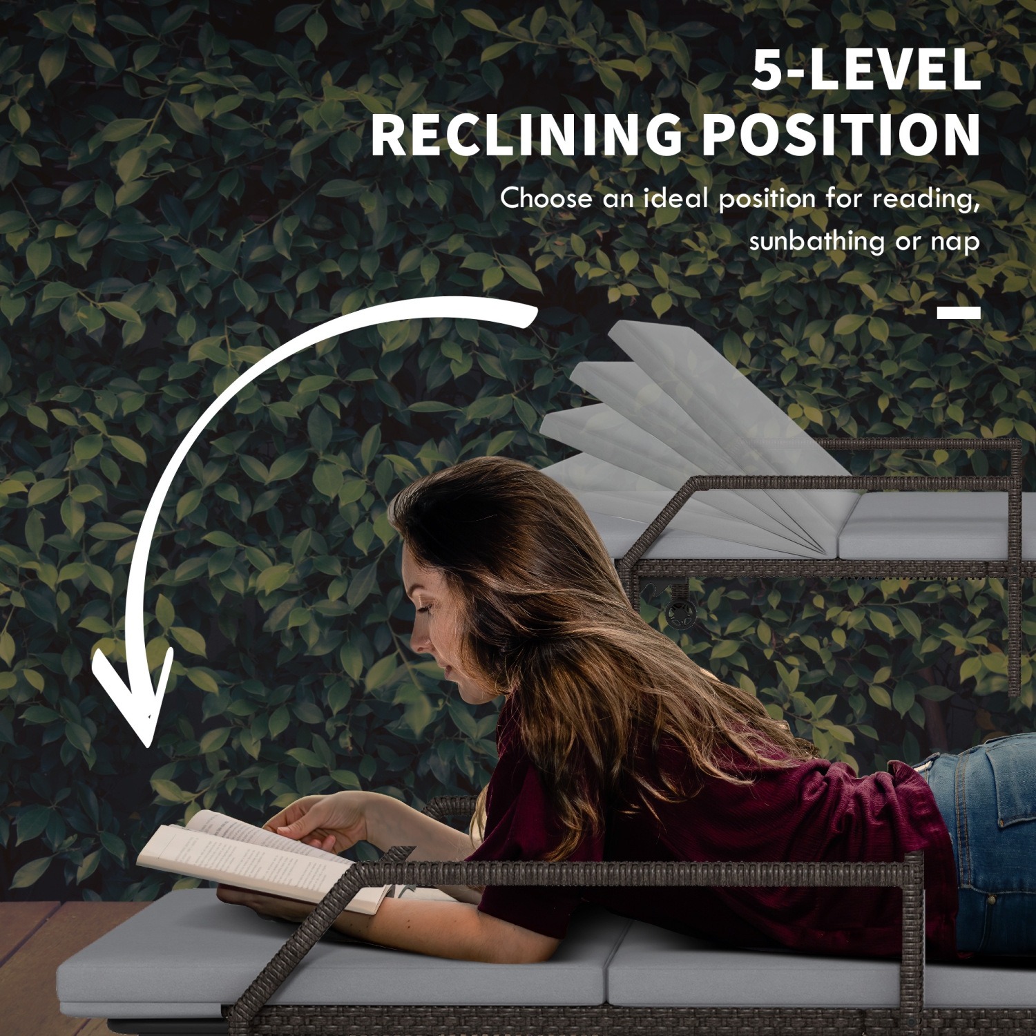 Outsunny – Chaise longue d’extérieur en osier de 2 pièces, chaise longue en rotin, fauteuil de jardin inclinable avec dossier réglable à 5 niveaux et