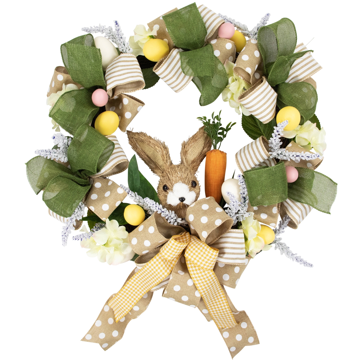 Bunny and Bows Floral Easter Wreath - 22" - Green and Beige - Unlit