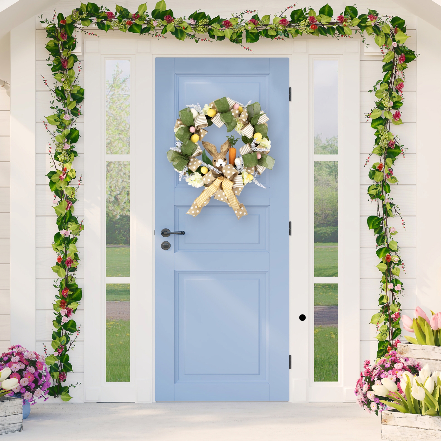 Bunny and Bows Floral Easter Wreath - 22" - Green and Beige - Unlit