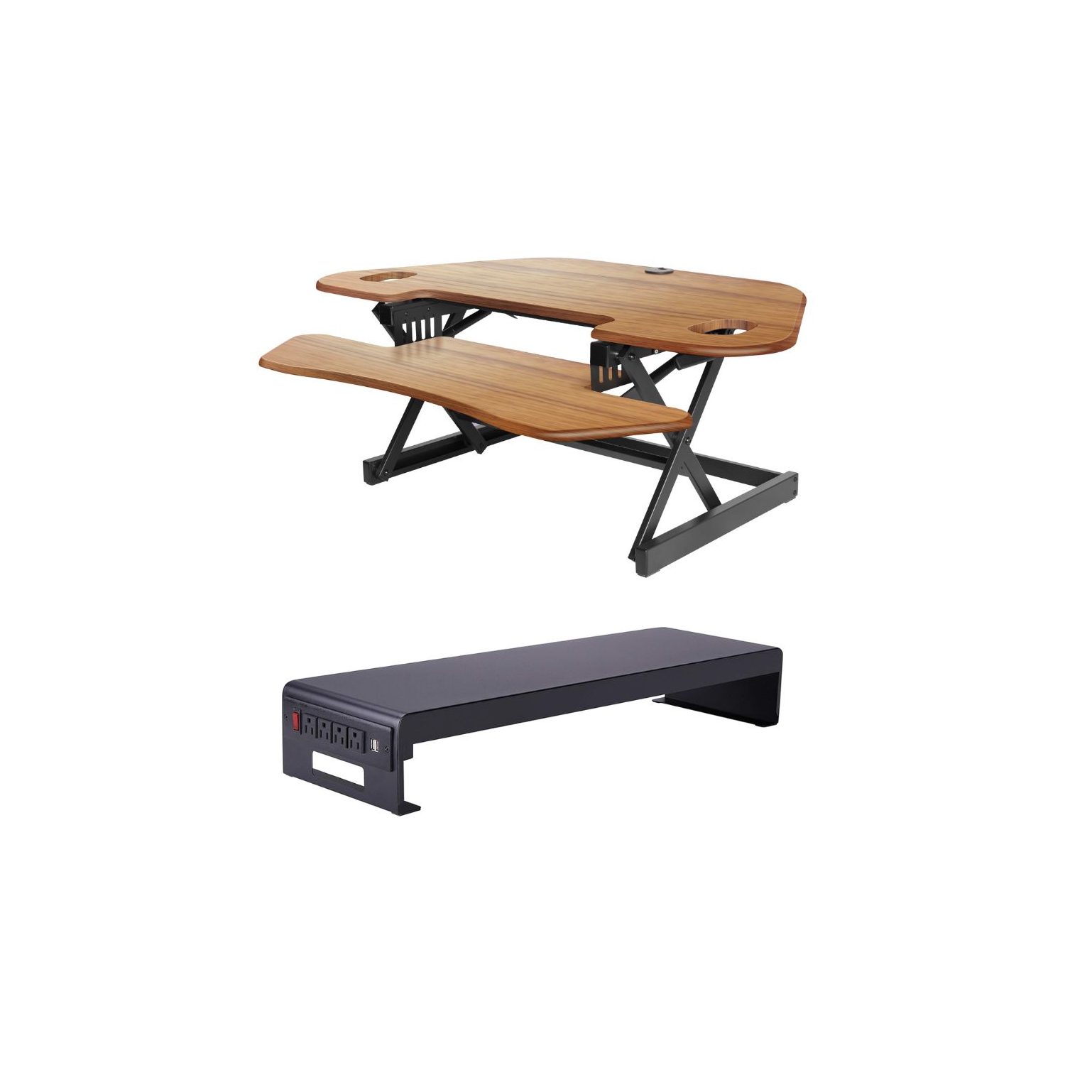 Rocelco CADR-46 Corner Adjustable Height Desk Riser 46" w/ Extended Vertical Range & DMS Dual Monitor Stand/Riser w/4 AC & 2 USB (Black) Bundle