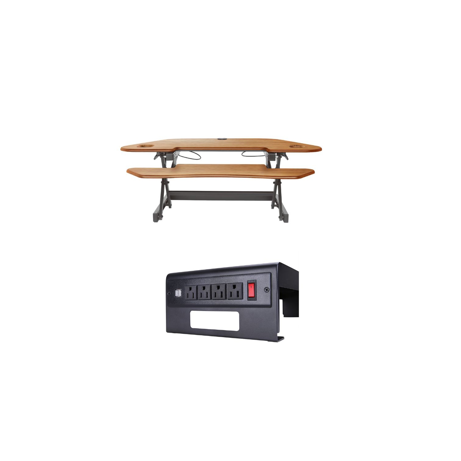 Rocelco CADR-46 Corner Adjustable Height Desk Riser 46" w/ Extended Vertical Range & DMS Dual Monitor Stand/Riser w/4 AC & 2 USB (Black) Bundle