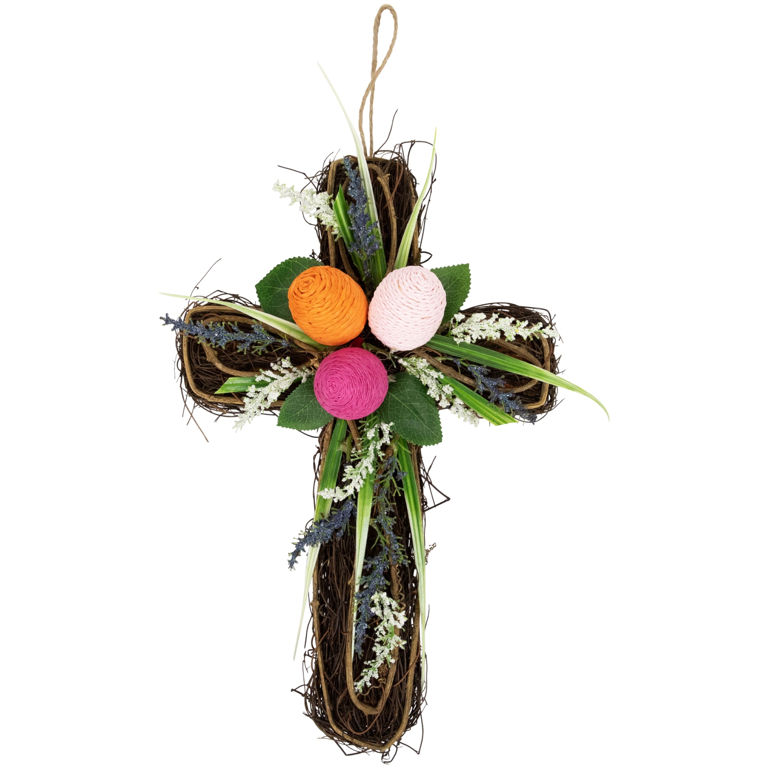 Twig Cross Wall Decoration with Easter Eggs - 13.25"