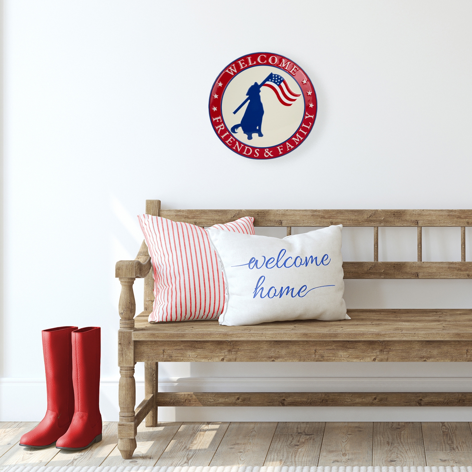 Affiche murale en métal, chien patriotique, famille et amis Welcome - 13,75 po