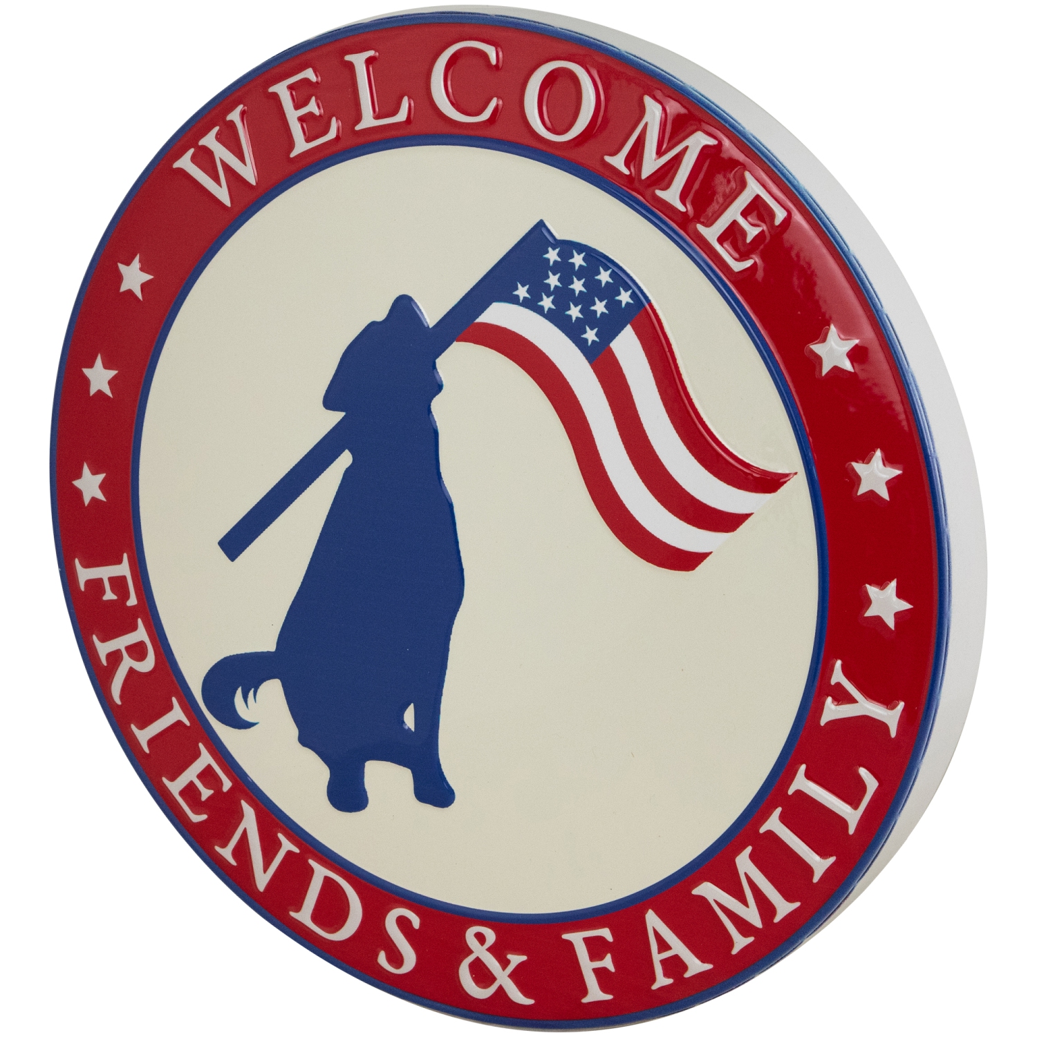 Affiche murale en métal, chien patriotique, famille et amis Welcome - 13,75 po