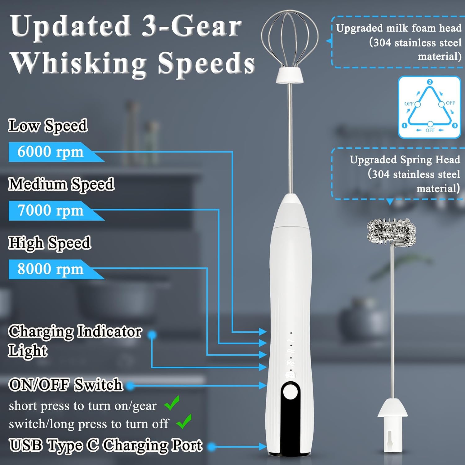 Double Whisk Milk Frother Handheld USB-C Rechargeable Electric Drink Mixer, Coffee Foamer Drink Whisk 3 Speeds Adjustable for Lattes, Matcha, Hot