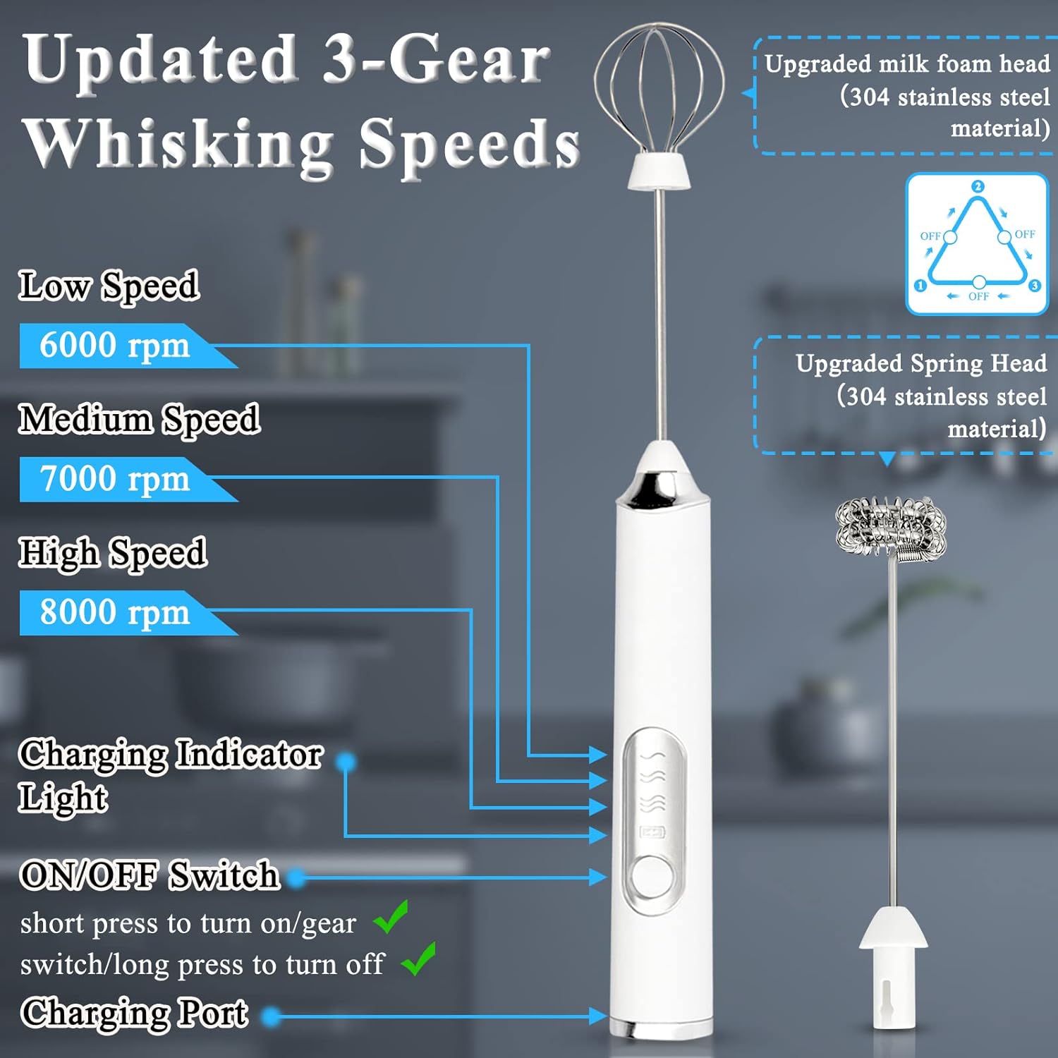 Électrique double fouet mousseur à lait portatif USB blanc mélangeur à boisson rechargeable, fouet électrique mousse 3 vitesses amovibles réglables