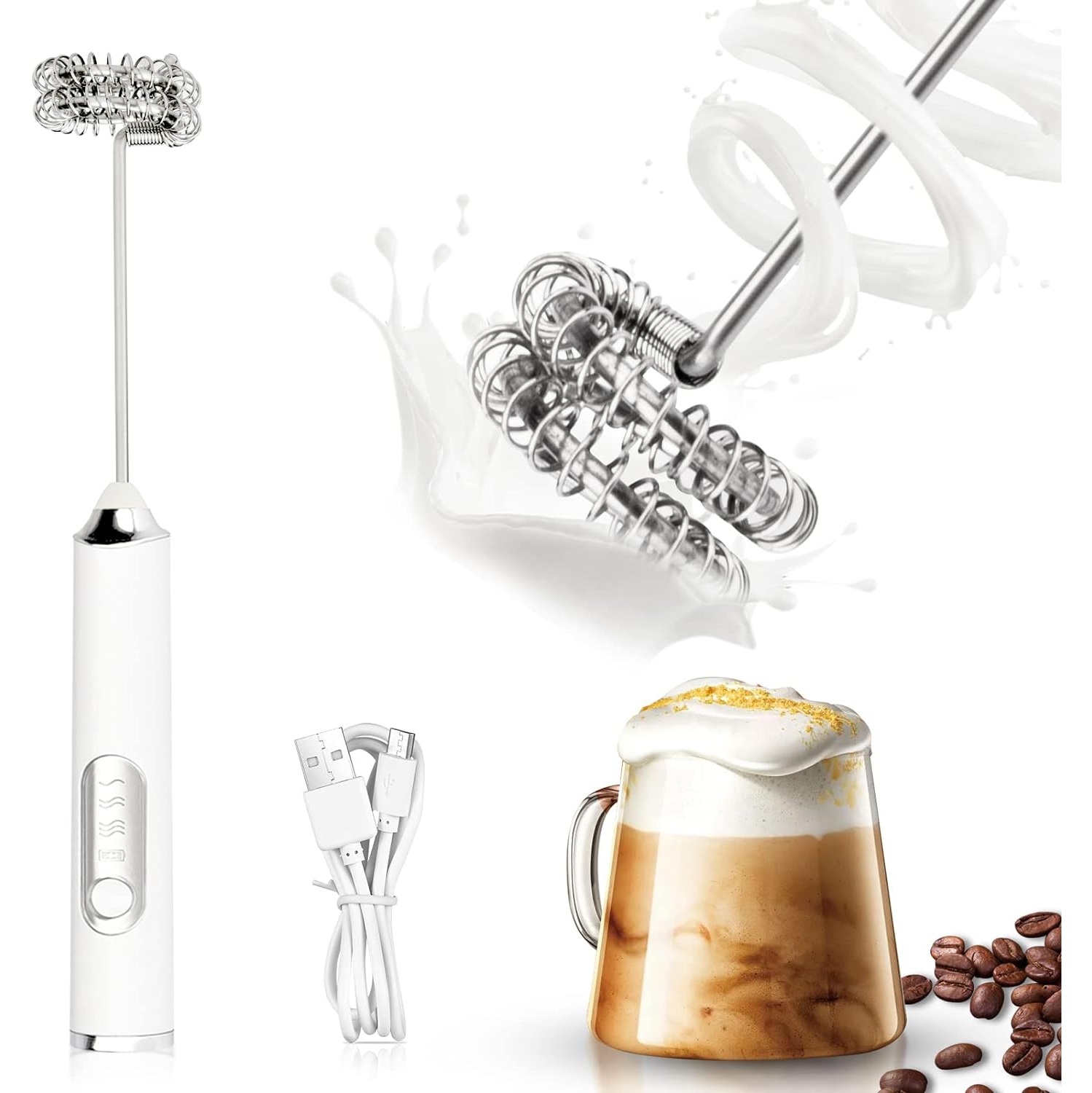 Electric Milk Frother Handheld White USB Rechargeable Drink Mixer, Adjustable Foam Maker Detachable Milk Frother 3 Speeds for Hot Chocolate, Coffee,