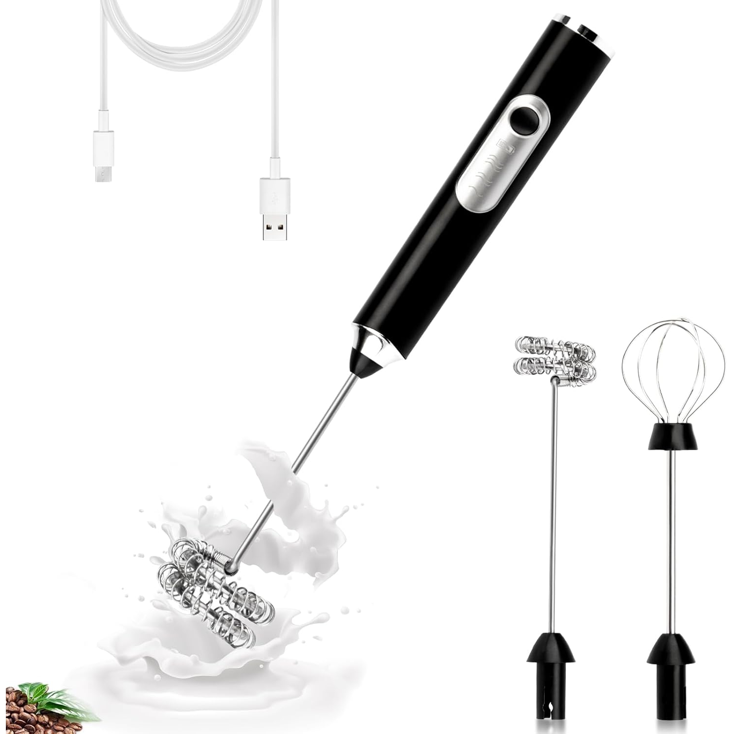 Électrique double fouet mousseur à lait portatif USB noir mélangeur à boisson rechargeable, fouet électrique réglable mousse 3 vitesses amovibles