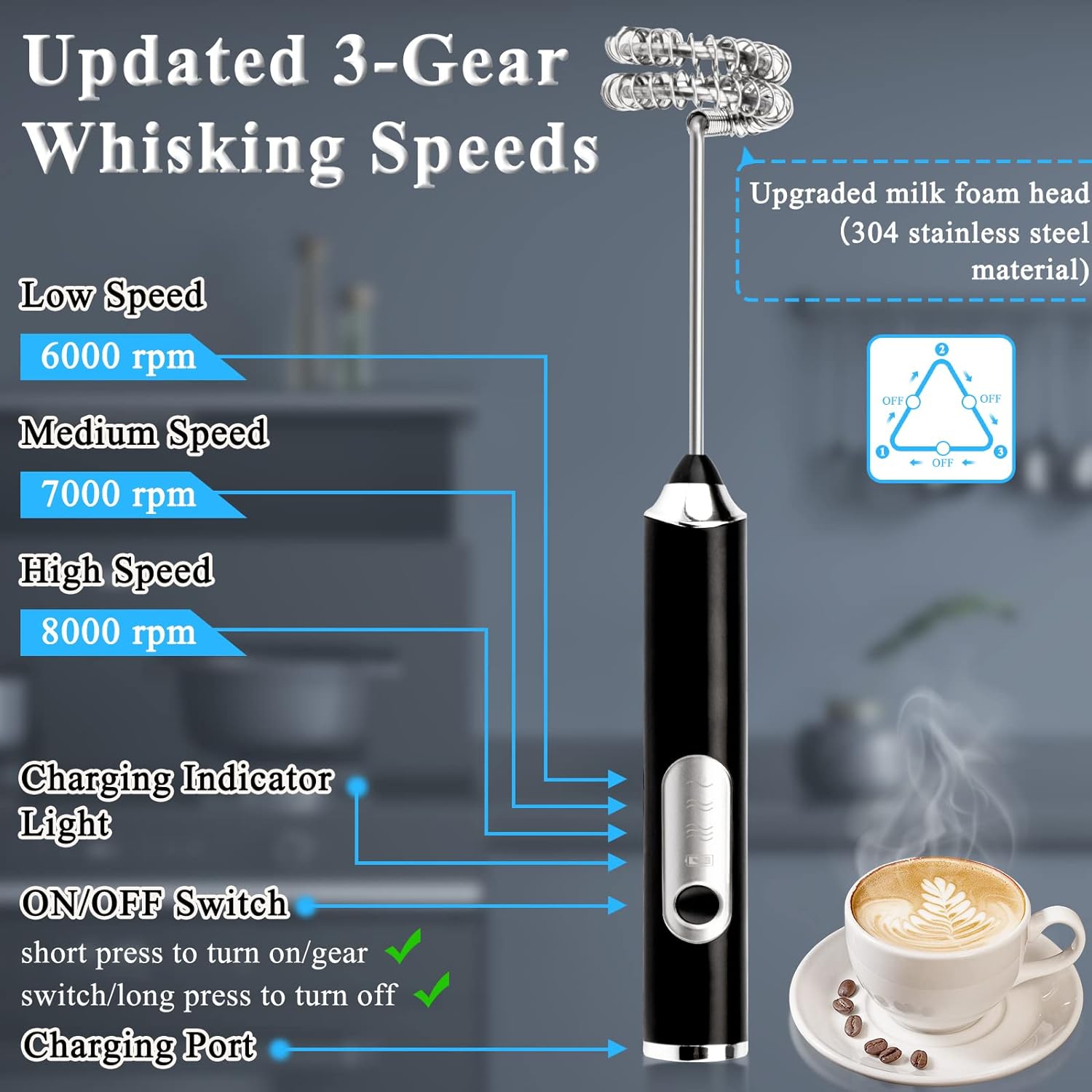 Electric Milk Frother Handheld Black USB Rechargeable Drink Mixer, Adjustable Foam Maker Detachable Milk Frother 3 Speeds for Lattes, Matcha, Coffee,