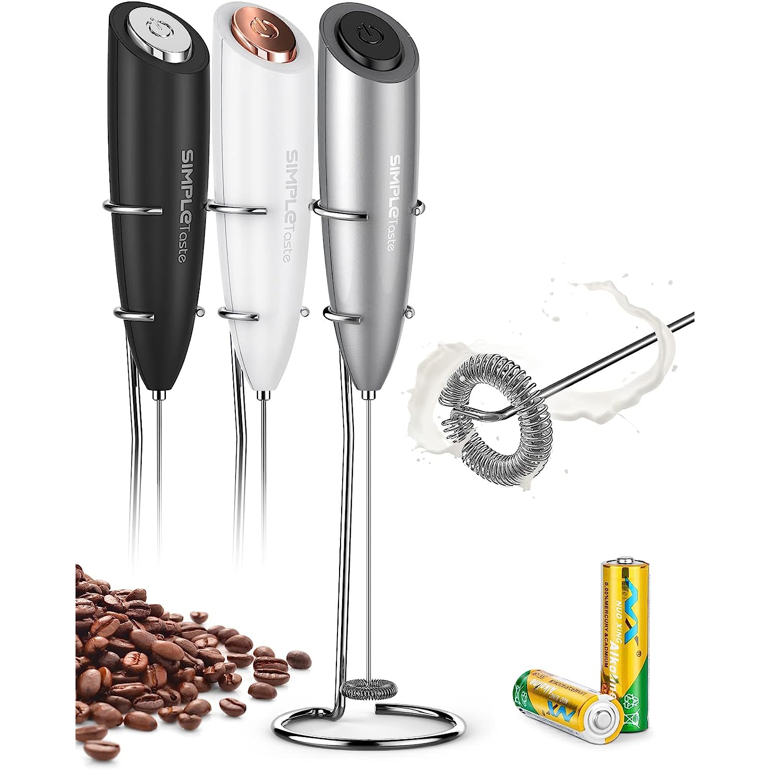 Milk Frother Handheld Battery Operated Electric Foam Maker, Drink Mixer with Stainless Steel Whisk and Stand for Bulletproof Coffee, Cappuccino,