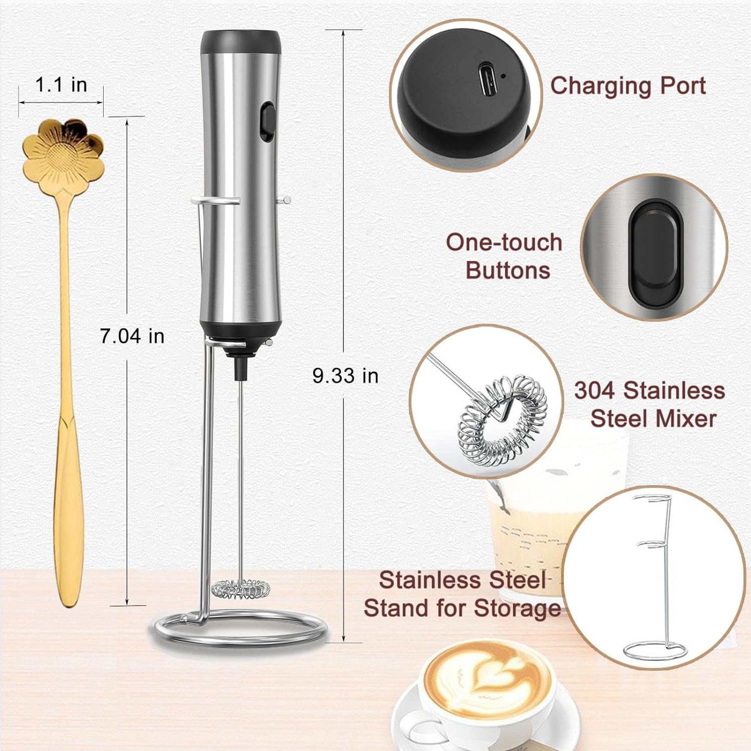Electric Milk Frother, Handheld Frother USB-charging Foam Maker, Rechargeable Frother Mini Blender Coffee Frother,Chappccino,Frappe,Matcha