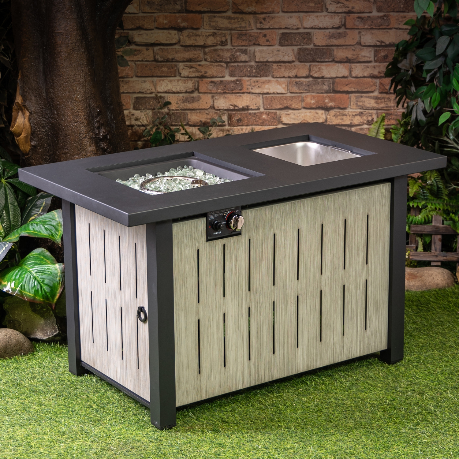 Deko Living 42 Inch Rectangular Outdoor Propane Gas Fire Pit Table 50,000 BTU Heater with Glass Bead Filler and Ice Bucket