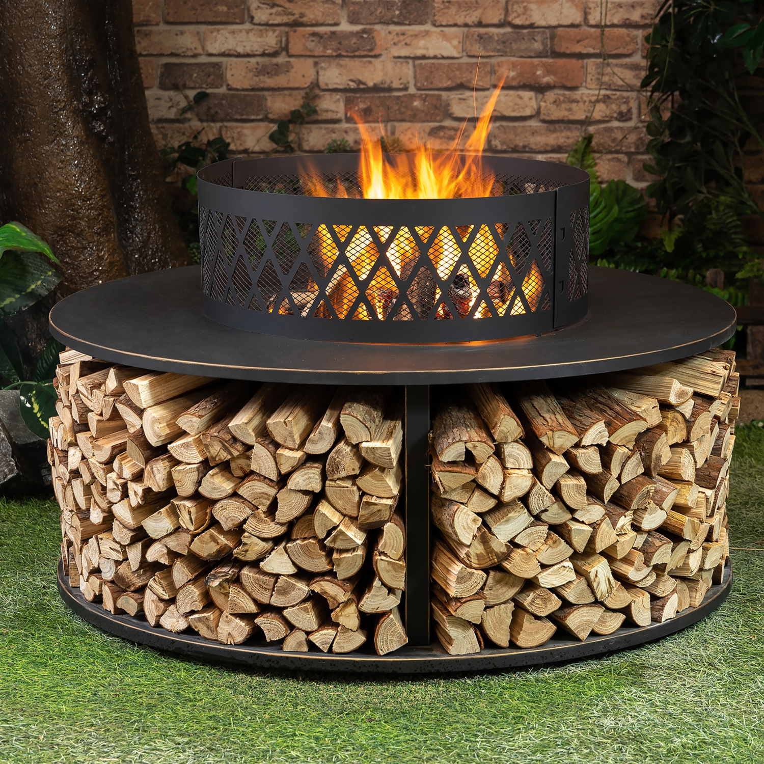 Deko Living 38 Inch Diameter Outdoor Steel Wood Burning Fire Pit with Log Storage, Poker and Screen Lid