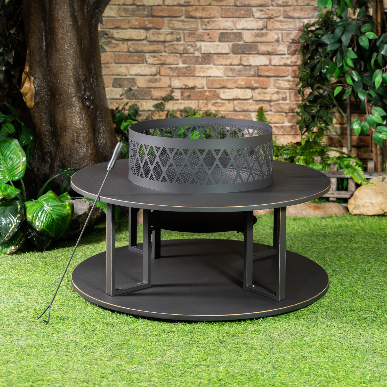 Deko Living 38 Inch Diameter Outdoor Steel Wood Burning Fire Pit with Log Storage, Poker and Screen Lid