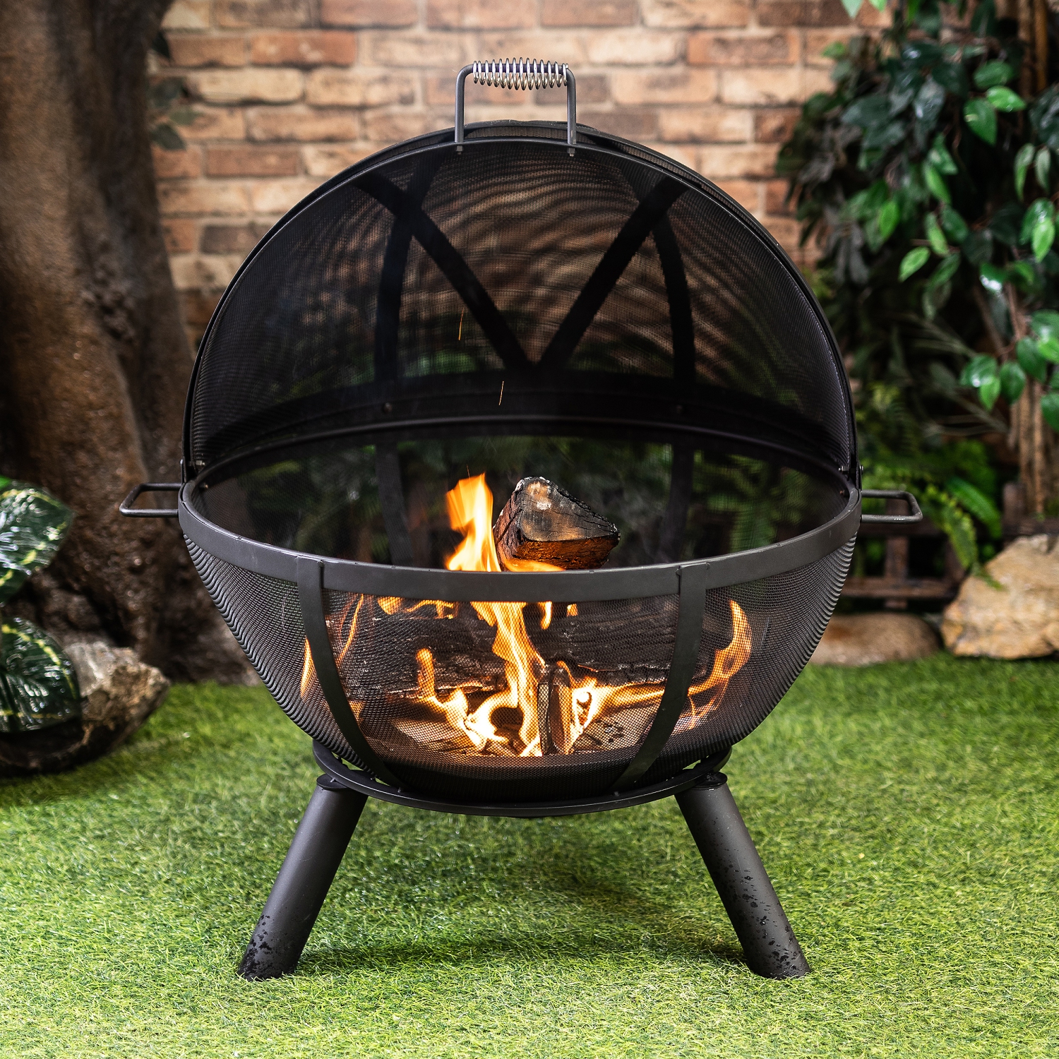 Deko Living 34 Inch Diameter Outdoor Steel Wood Burning Sphere Fire Pit with Screen Lid and Poker