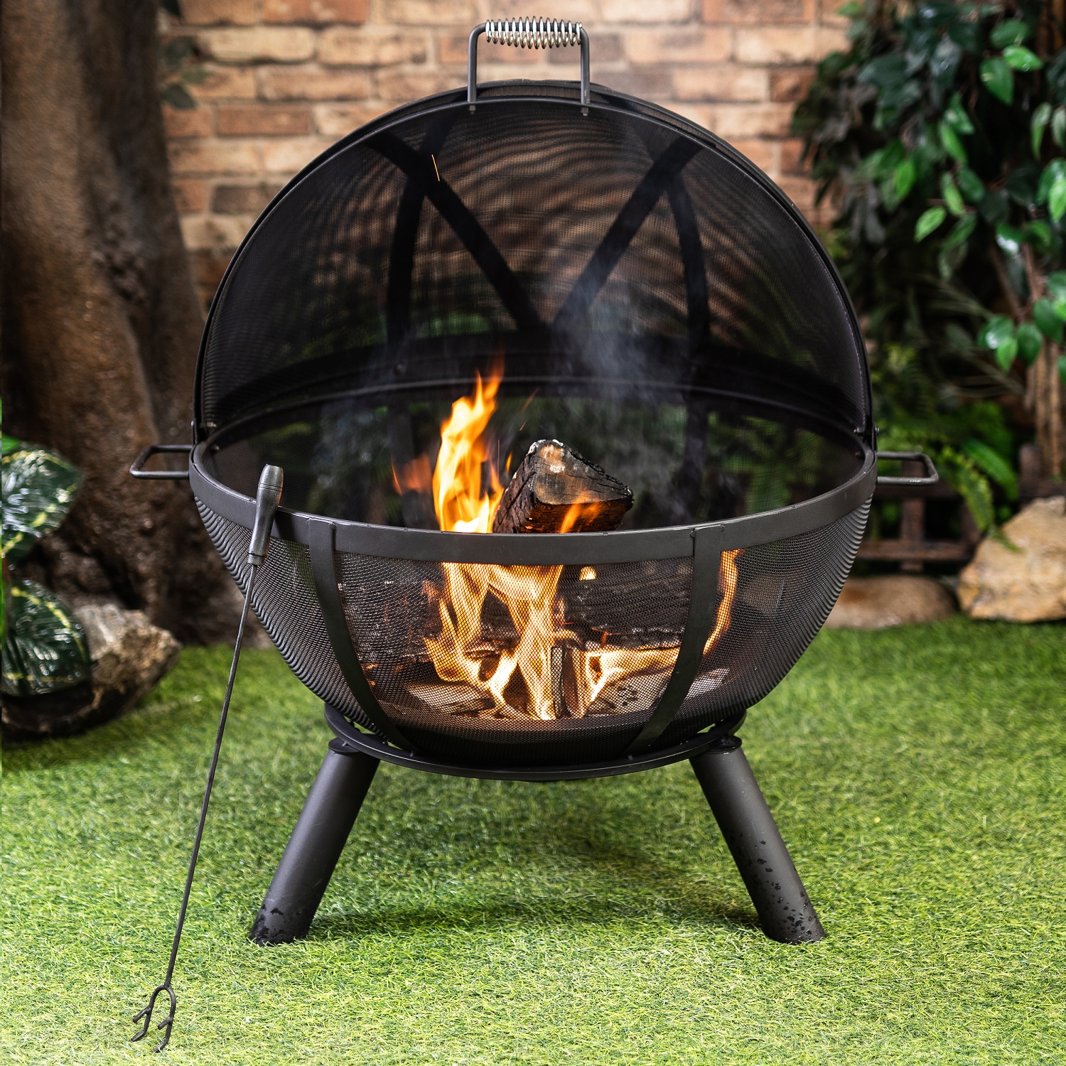 Deko Living 34 Inch Diameter Outdoor Steel Wood Burning Sphere Fire Pit with Screen Lid and Poker