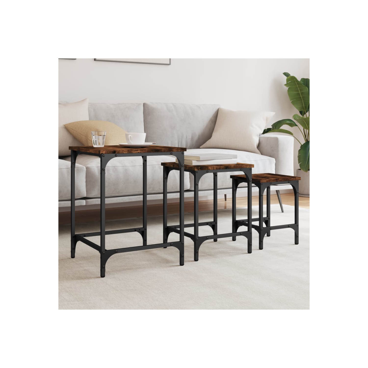 Tables basses gigognes vidaXL 3 pièces en bois d'ingénierie de chêne fumé