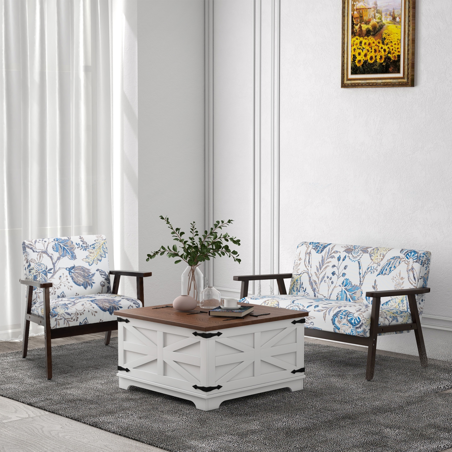 HOMCOM – Table basse champêtre avec rangement, table centrale avec dessus à charnière et espace dissimulé, table basse carrée pour salon, blanc