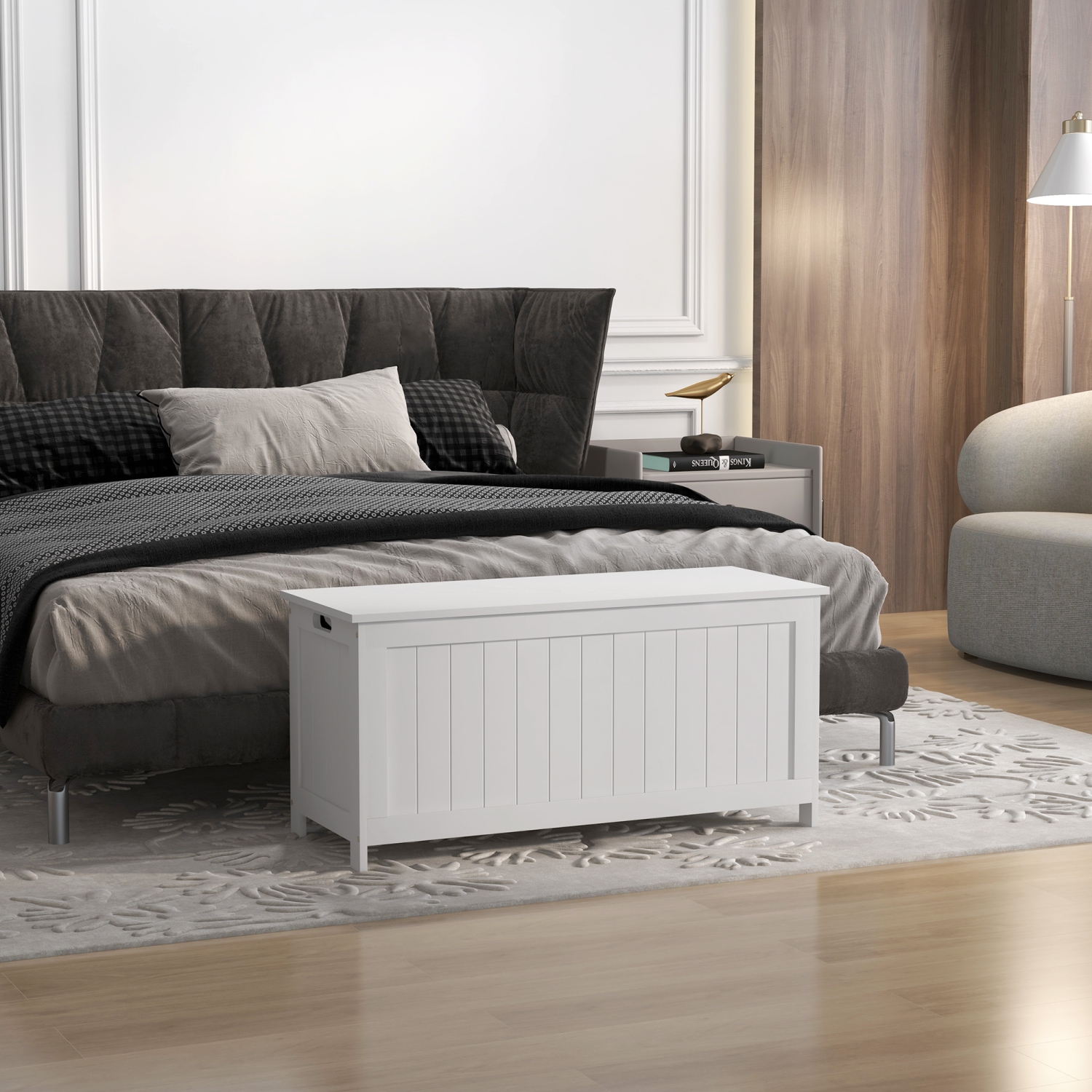 Coffre de rangement HOMCOM, coffre de rangement moderne avec 2 charnières de sécurité et poignées découpées, banc de rangement pour salon, banc de