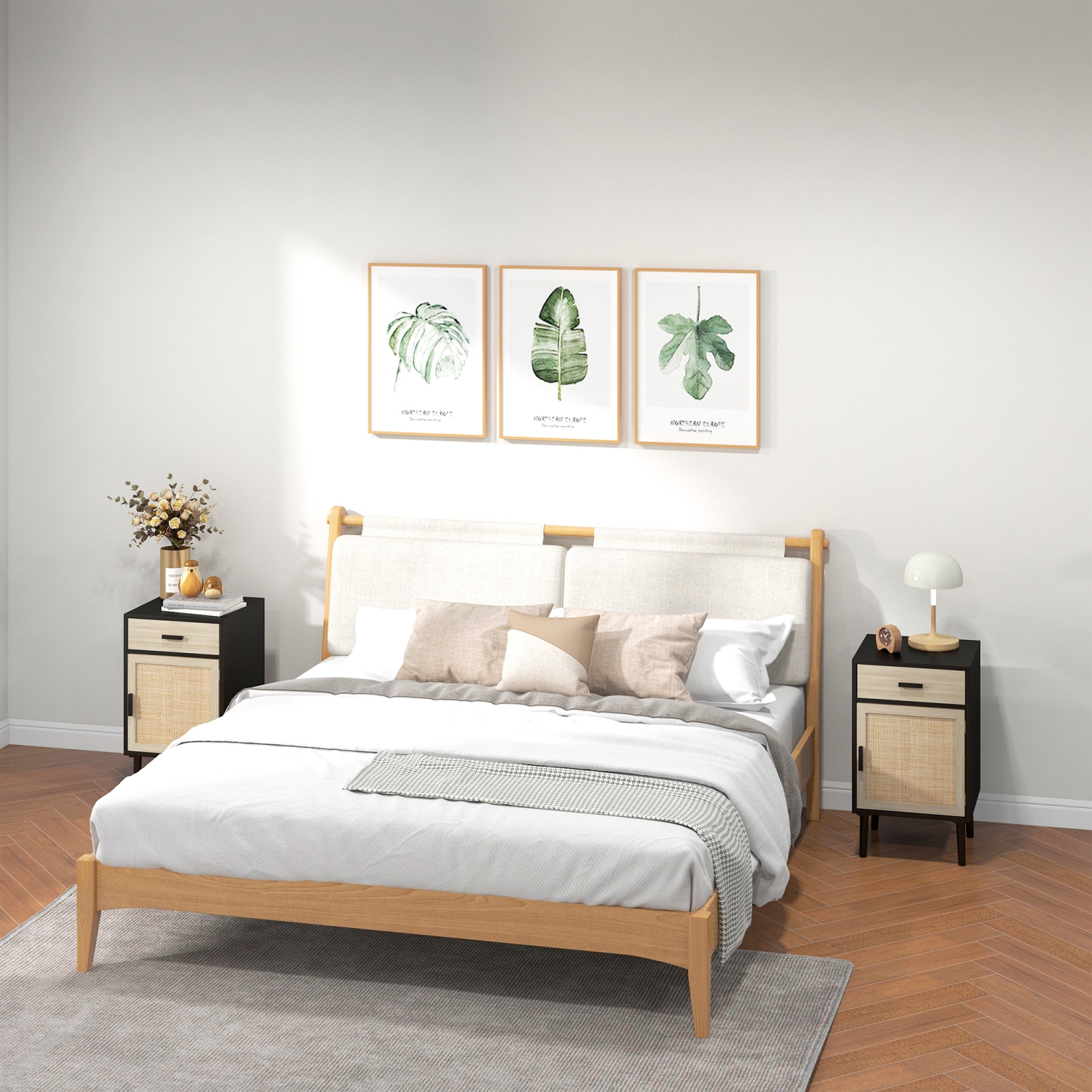 HOMCOM – Ensemble de 2 tables de chevet avec tiroir, armoire, tablette réglable, tables d’extrémité en rotin avec rangement pour chambre à coucher,