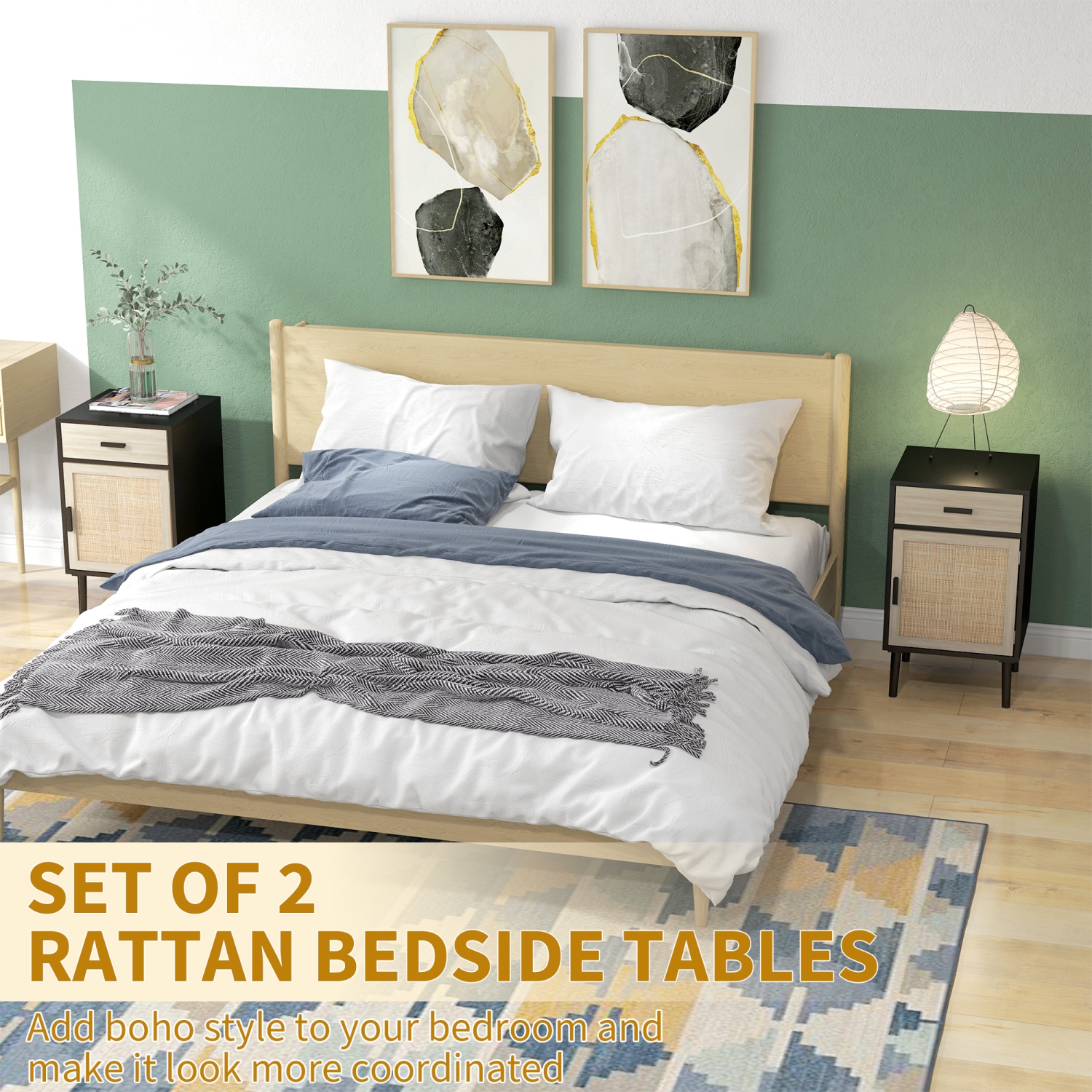 HOMCOM – Ensemble de 2 tables de chevet avec tiroir, armoire, tablette réglable, tables d’extrémité en rotin avec rangement pour chambre à coucher,