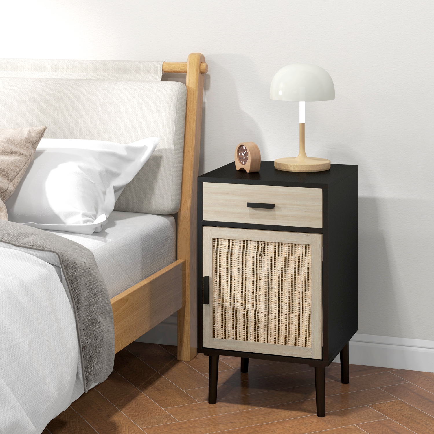 HOMCOM – Ensemble de 2 tables de chevet avec tiroir, armoire, tablette réglable, tables d’extrémité en rotin avec rangement pour chambre à coucher,