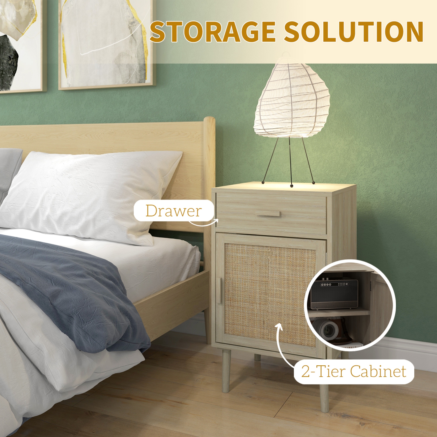 HOMCOM – Ensemble de 2 tables de chevet avec tiroir, armoire, tablette réglable, tables d’extrémité en rotin avec rangement pour chambre à coucher,