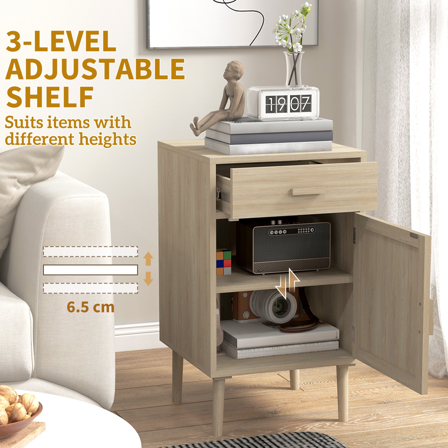 HOMCOM – Ensemble de 2 tables de chevet avec tiroir, armoire, tablette réglable, tables d’extrémité en rotin avec rangement pour chambre à coucher,