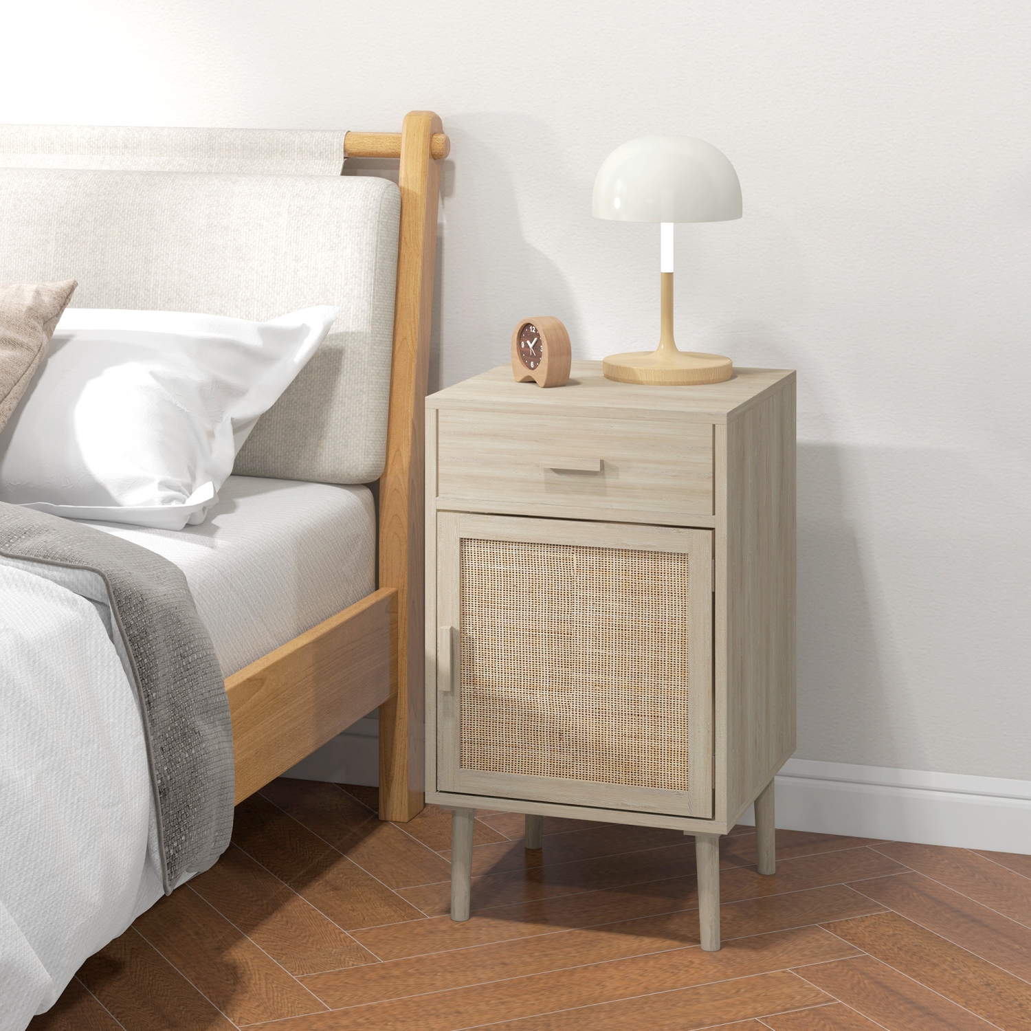 HOMCOM – Ensemble de 2 tables de chevet avec tiroir, armoire, tablette réglable, tables d’extrémité en rotin avec rangement pour chambre à coucher,